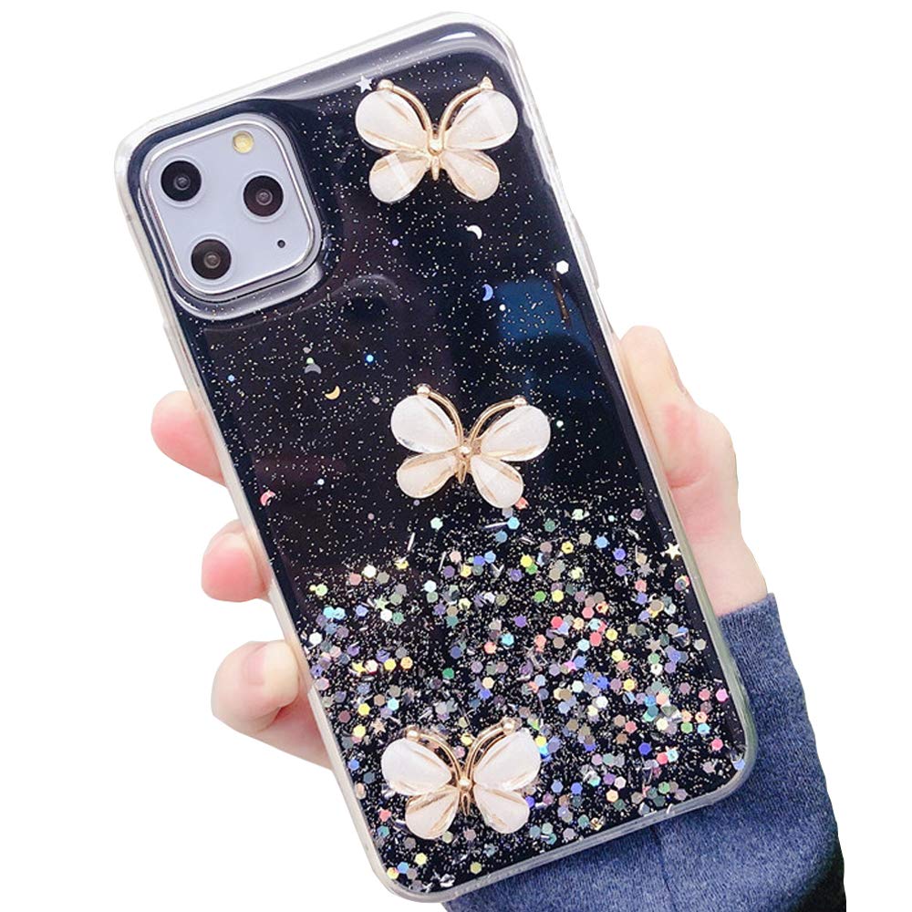 Topwin iPhone 11 Pro Max 6.5 inch Clear Transparent TPU Case with 3D Cute Butterfly Glitter Design - Slim Flexible Protective Cover for Apple iPhone 11 Pro Max (Black) - Perfect for Everyday Use, Work, and Travel
