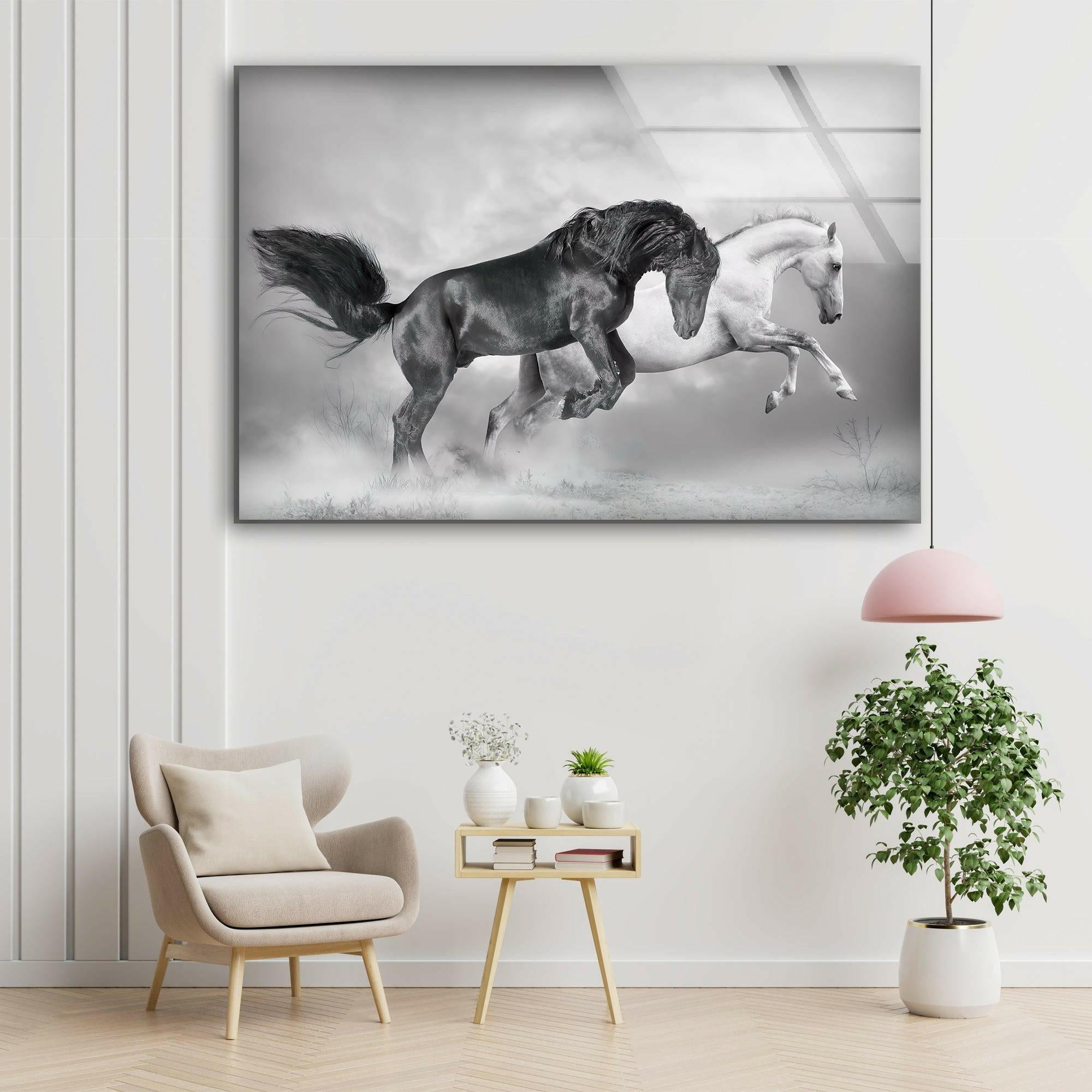 Black & White Wild Horses Running Glass Wall Art - Elegant Home Decor for Living Room, Bedroom & Office - Perfect Modern Art Gift for Horse Lovers