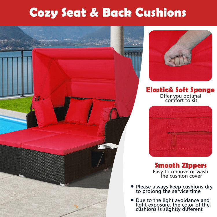 Costway Outdoor Patio Rattan Daybed with Retractable Canopy & Side Tables - Black - Perfect for Poolside Lounging, Garden Relaxation & Backyard Sunbathing