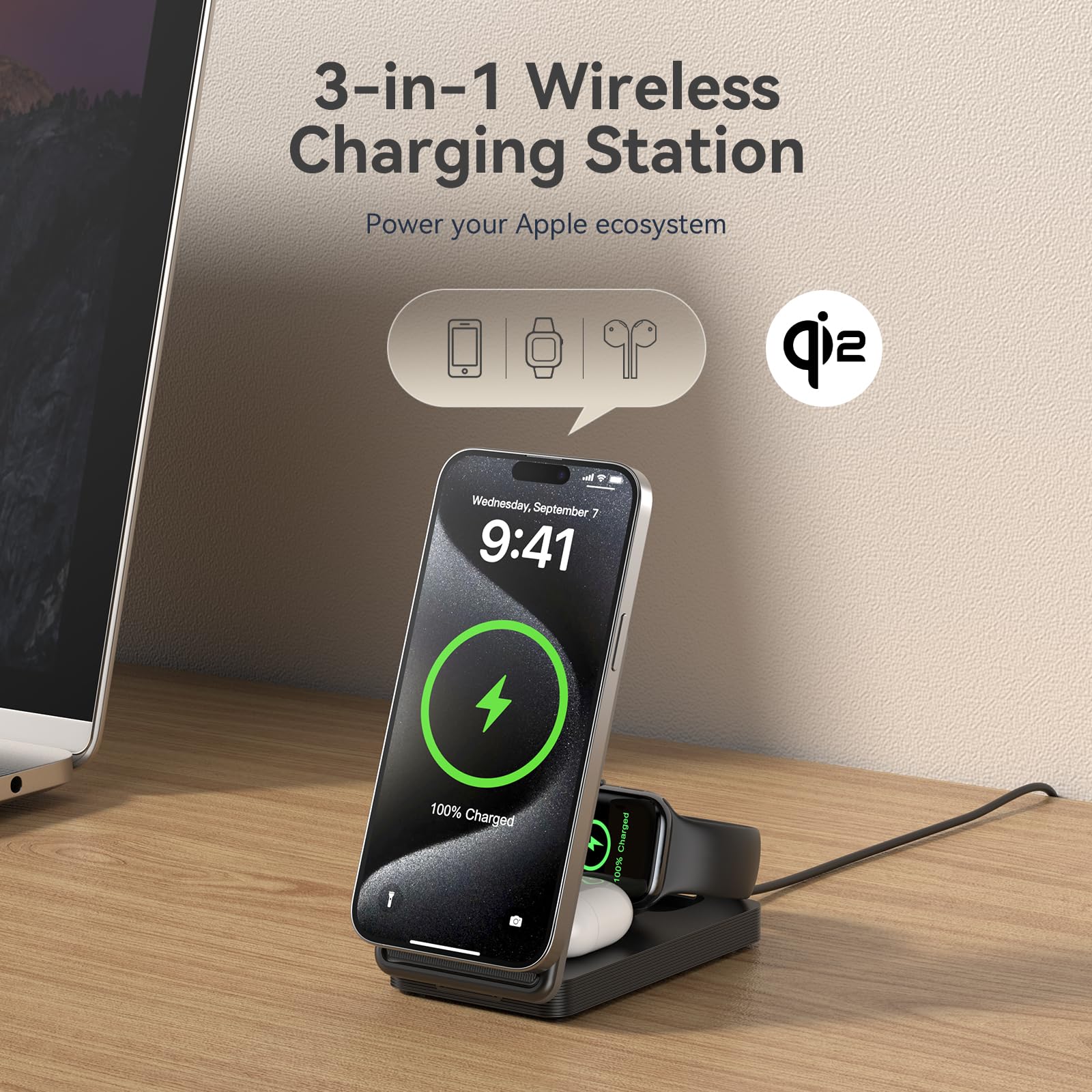 Qi2 3-in-1 Wireless Charging Station - 15W Fast Charger for iPhone 16/15 Pro/14/13/12, Apple Watch & AirPods - Multi-Device Magnetic Charging Pad for Home, Office & Travel