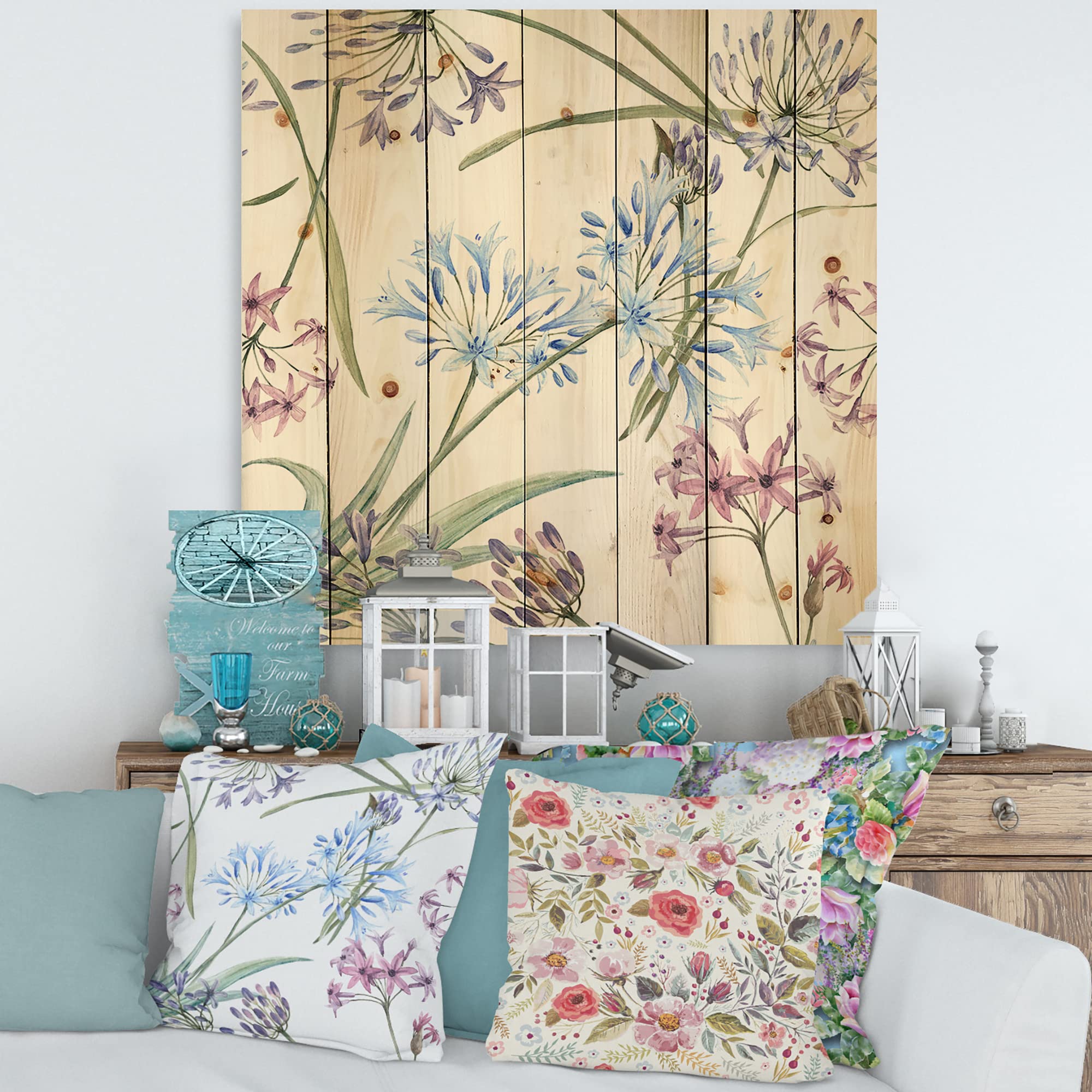 DesignQ Vibrant Summer Wildflowers Traditional Wood Wall Art - Handcrafted Blue Floral Pine Wood Panel Decor for Living Room, Bedroom & Office