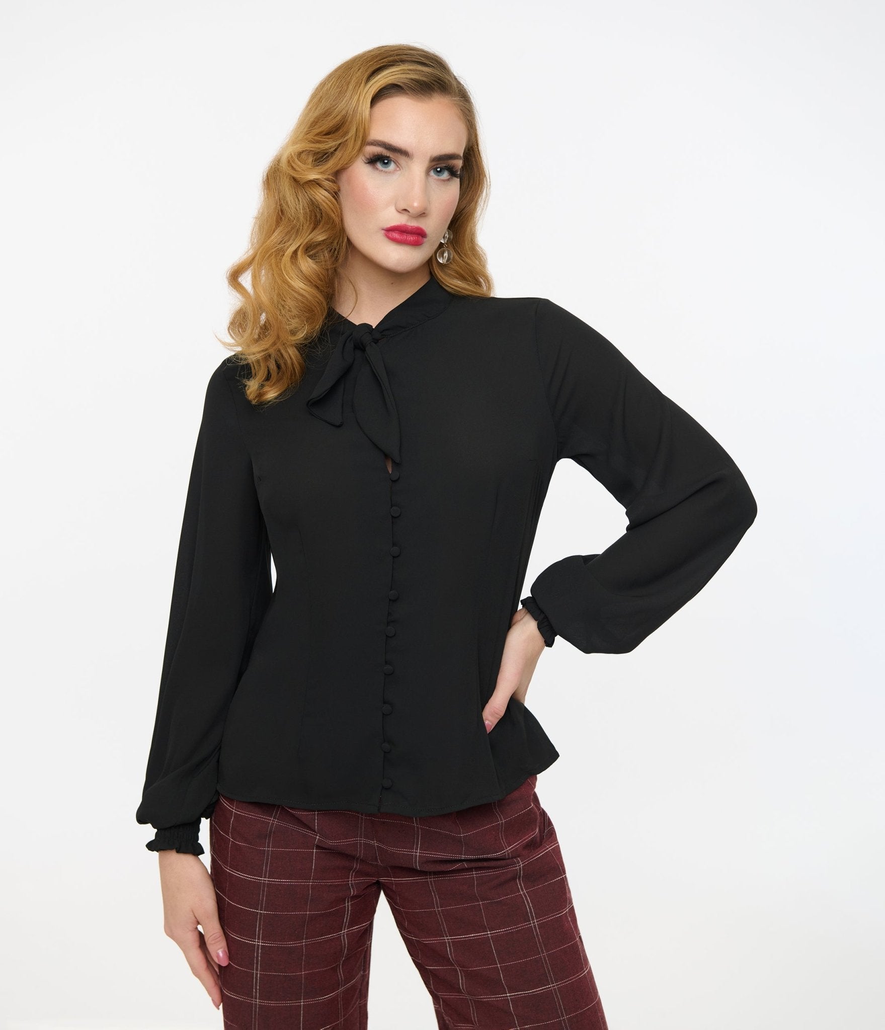 Vintage 1940s Black Neck Tie Blouse - Retro Women's Button Up Shirt for Office, Party & Special Occasions