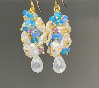Blue Ethiopian Opal & Keishi Pearl Dangle Earrings in Gold - Elegant Gemstone Jewelry for Women, Perfect for Parties, Weddings & Special Occasions