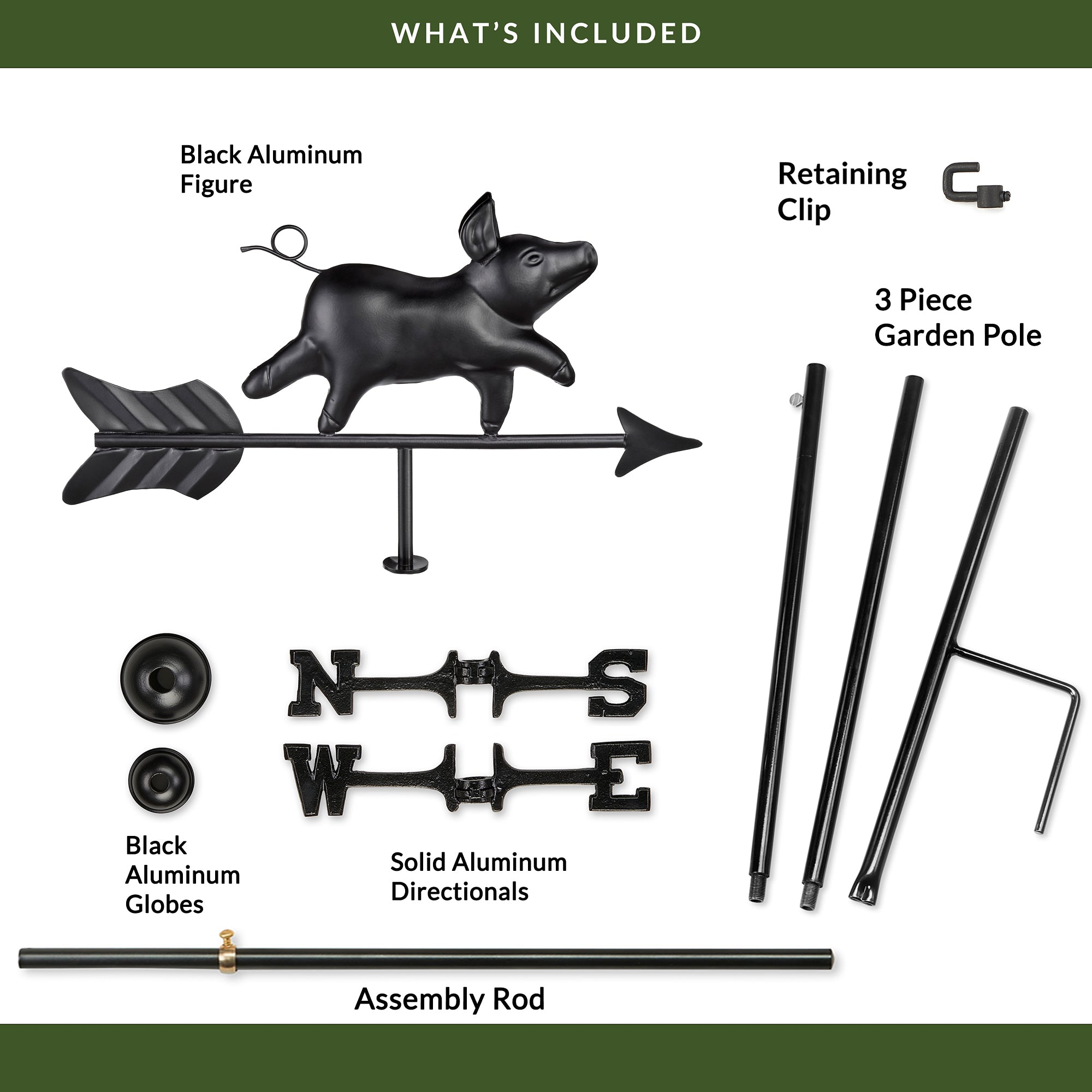 Black Aluminum Pig Garden Weathervane - Rust-Resistant Outdoor Decor for Farmhouse, Countryside & Backyard - Perfect for Roof, Yard & Garden Decoration