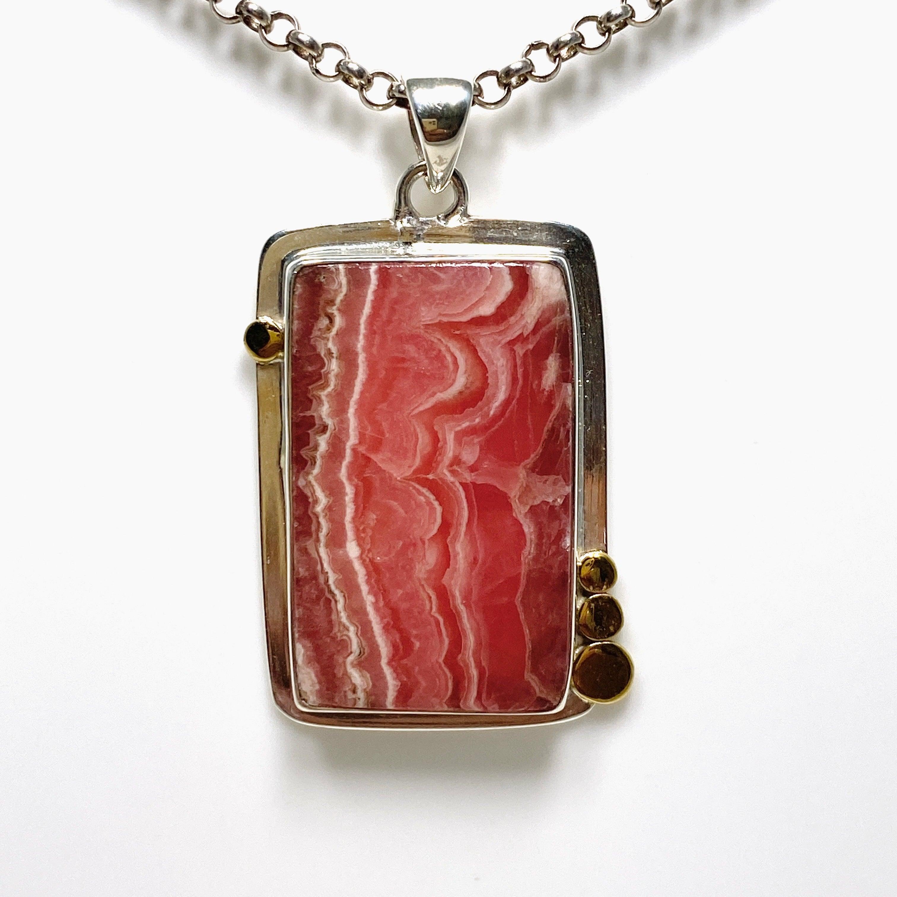 Rhodochrosite Rectangular Pendant with Brass Accents KPGJ4324 - Elegant Gemstone Jewelry for Women, Gift for Her, Perfect for Valentine's Day & Anniversary