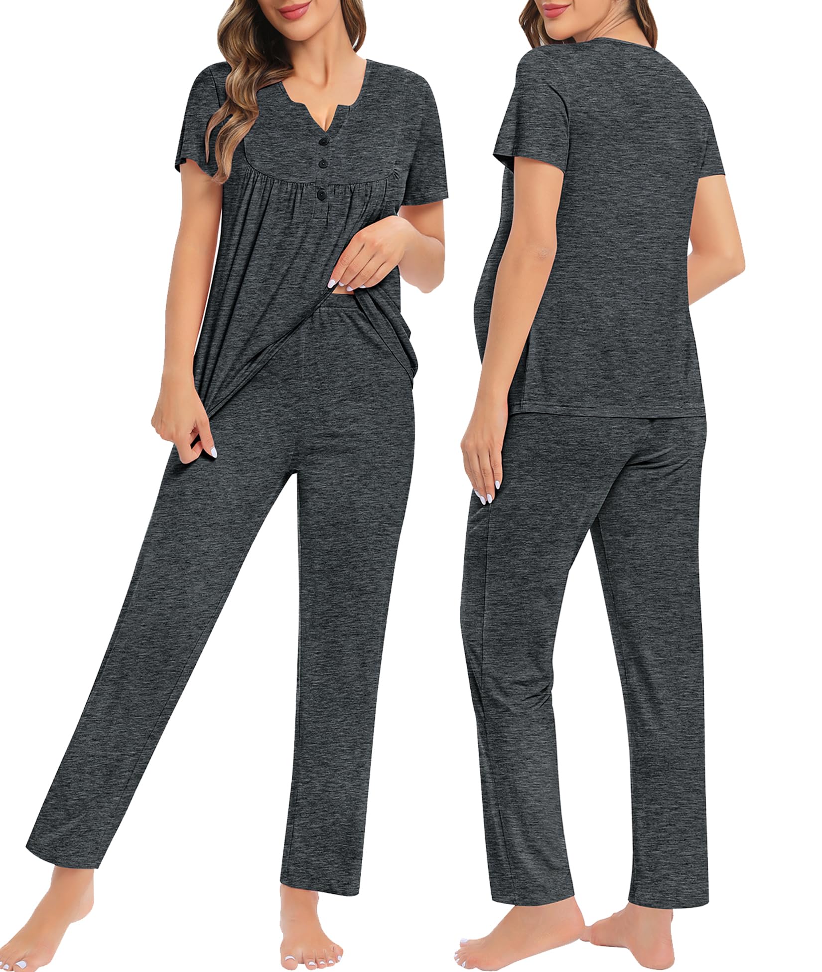 SWOMOG Women's Maternity Nursing Pajama Set - 3 Piece Breastfeeding Sleepwear with Short Sleeve Top & Pants for Pregnancy Comfort - Perfect for Nighttime Nursing, Lounging & Hospital Stay