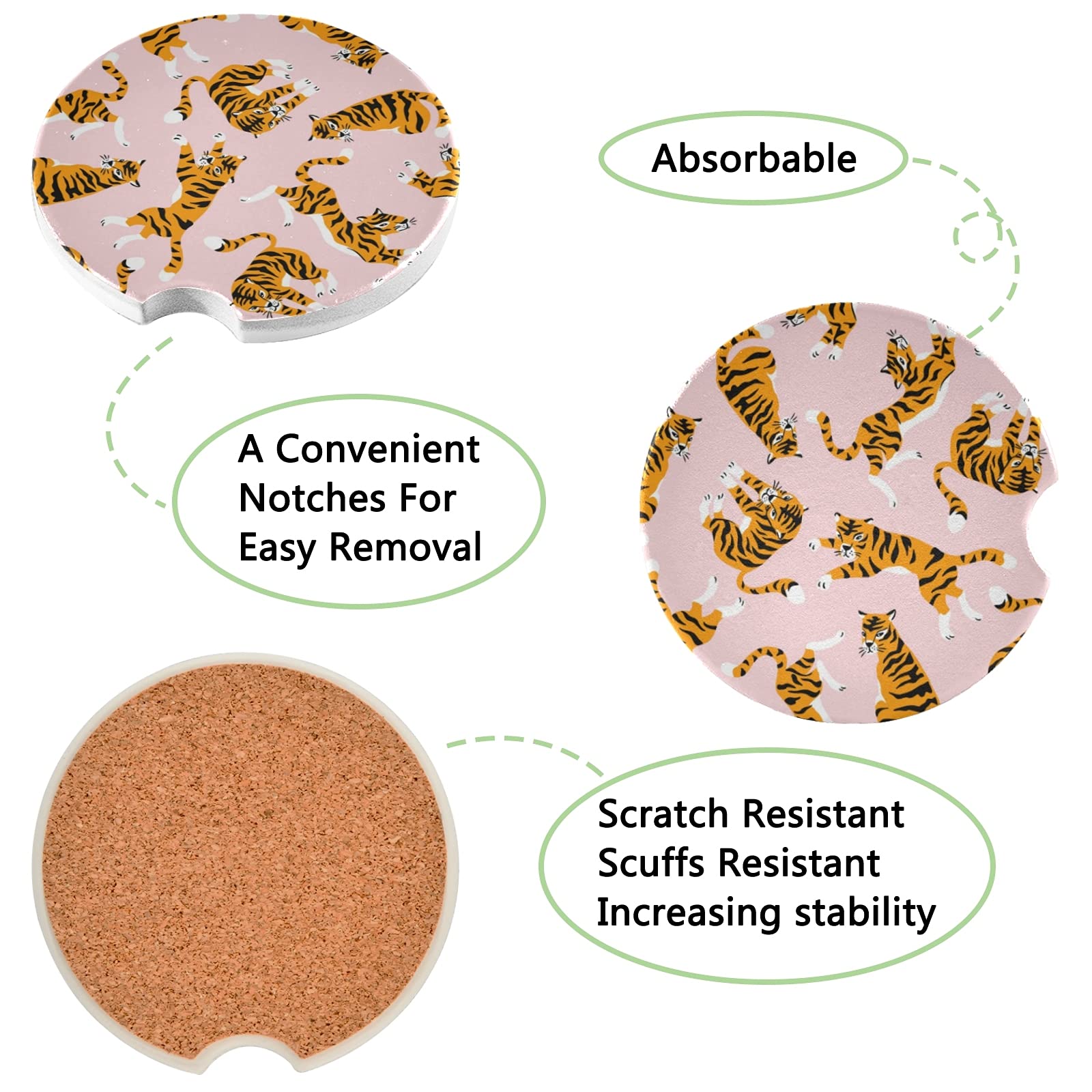 2 Pack Cute Tiger Ceramic Car Coasters for Drinks - Absorbent Cup Holder Mats with Fingertip Grip (2.5 Inch) - Perfect for Cars, Trucks & SUVs to Prevent Spills & Protect Surfaces