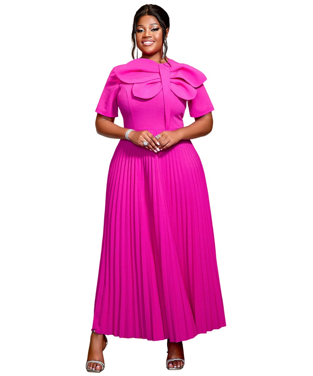 Elegant A-Line Church Dresses for Women 2025 | Summer Pleated Short Sleeve Round Neck Dragonfly Print Maxi Dress | Perfect for Sunday Service, Wedding Guest & Spring Events
