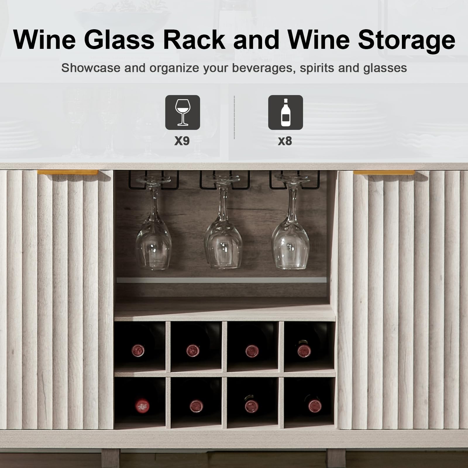 Modern Oxford Fluted Wine Bar Cabinet with Adjustable Shelves & 8-Bottle Wine Rack - 51 Inch Liquor Storage Cabinet for Dining Room, Living Room or Home Bar