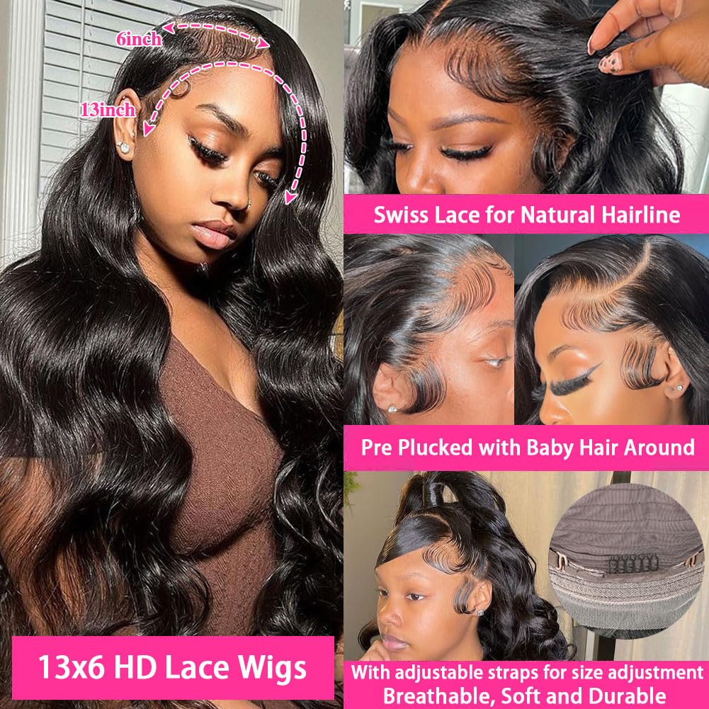 28 Inch Brazilian Virgin Human Hair Lace Front Wig - 13x6 HD Lace Frontal, 180% Density, Pre-Plucked, Glueless Body Wave Wig for Women (Natural Black) - Perfect for Daily Wear, Cosplay & Special Occasions