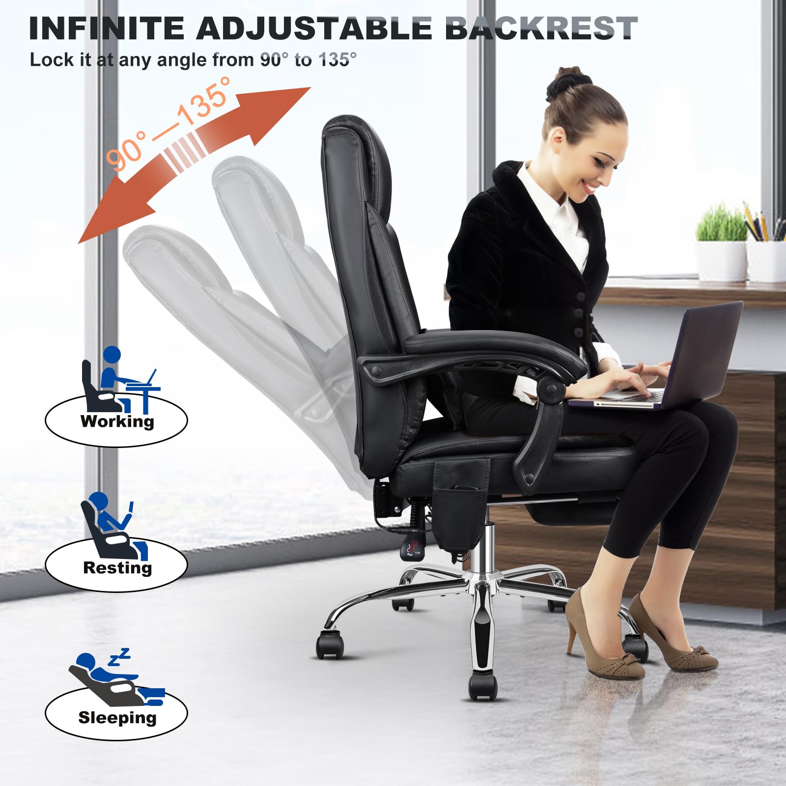 Ergonomic Office Chair with Heating & Massage - Big and Tall Executive Reclining Chair with Adjustable Lumbar Support, Footrest & Wheels - Perfect for Home Office, Gaming & Workspace Comfort