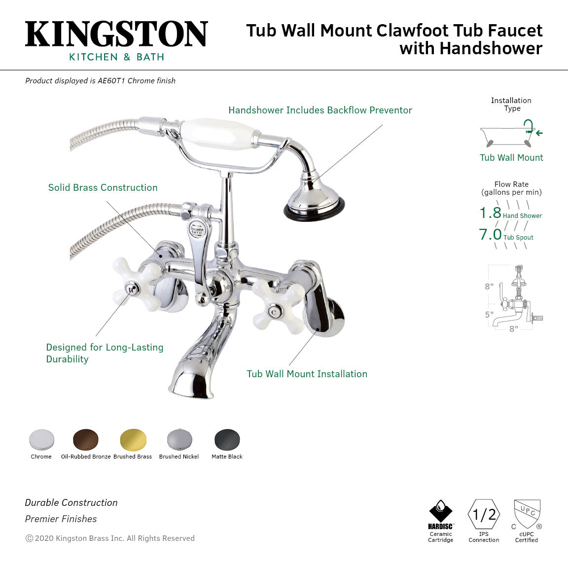 Vintage Clawfoot Tub Faucet with Hand Shower - Brushed Brass Wall Mount 3-Handle 2-Hole Bathtub Faucet for Antique & Classic Bathroom Decor - Perfect for Victorian, Farmhouse, and Retro Style Bathrooms