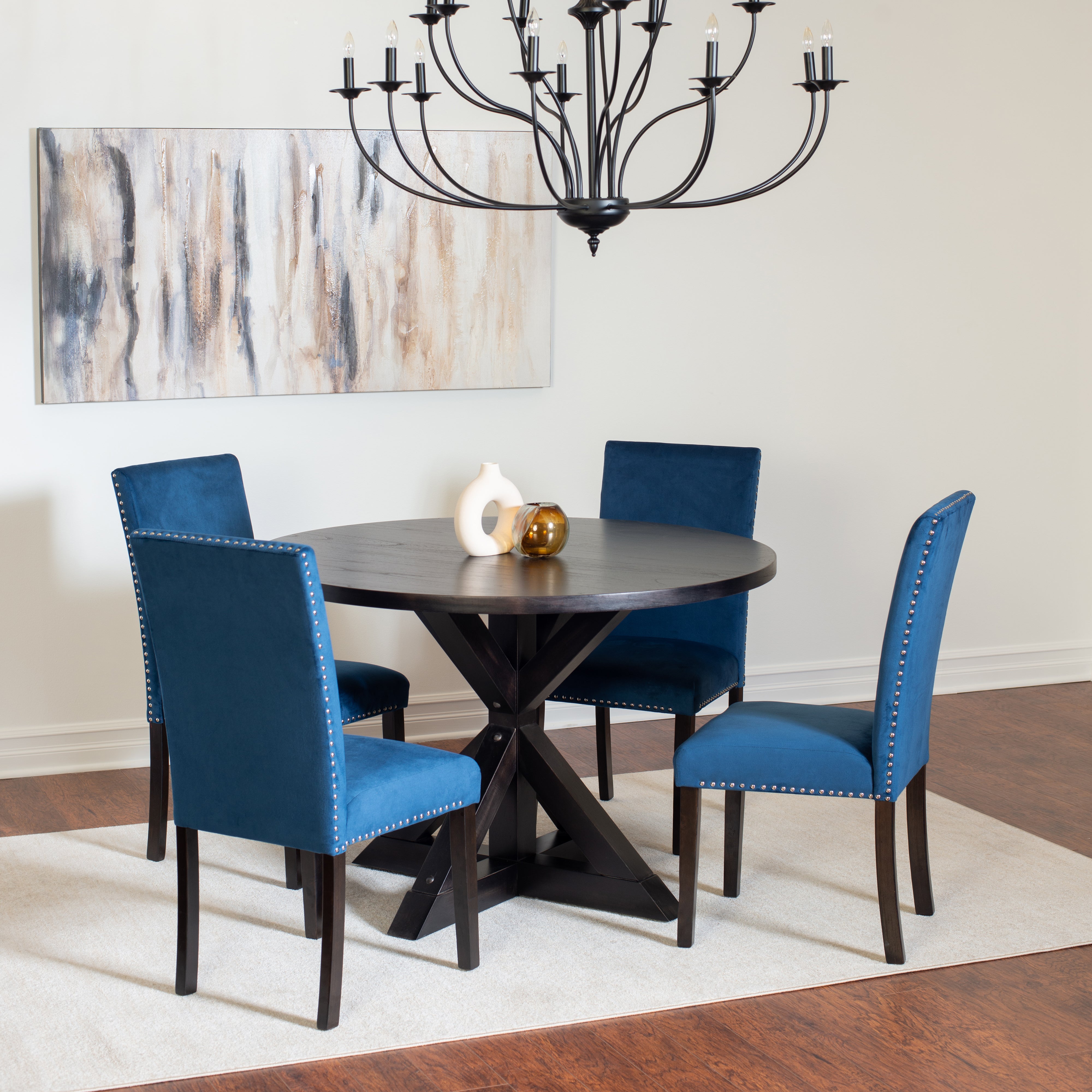 Roundhill Furniture Enbridge 5-Piece Dining Set - Cross Buck Dining Table with 4 Stylish Upholstered Chairs for Kitchen, Dining Room & Small Space Entertaining
