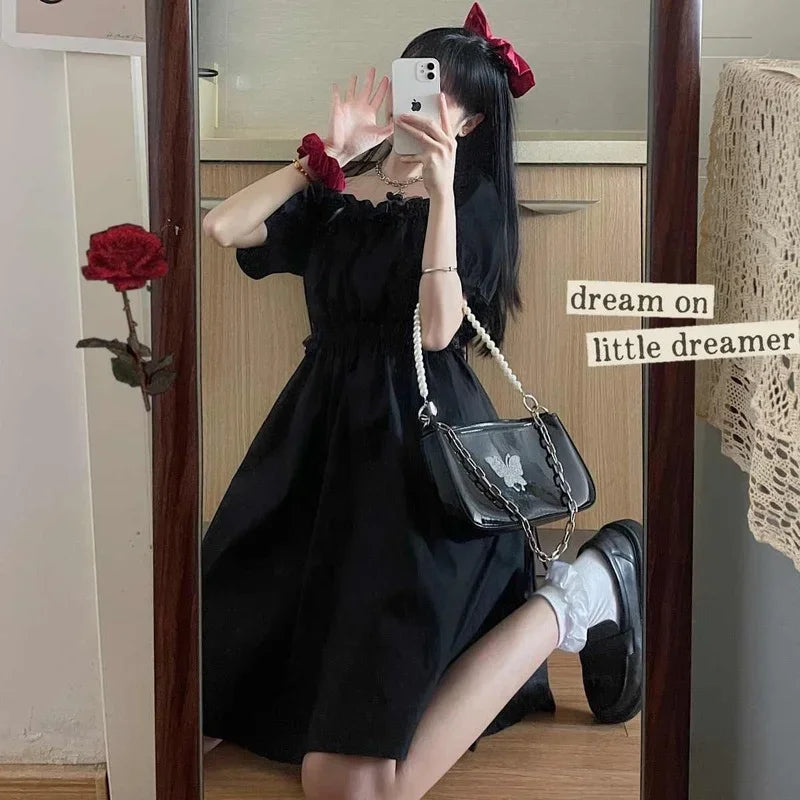 Gothic Black Puff Sleeve Wrap Dress for Women - Kawaii Cute Sundress | Dark Academia Aesthetic | Perfect for Casual Wear, Date Nights & Gothic Fashion Lovers