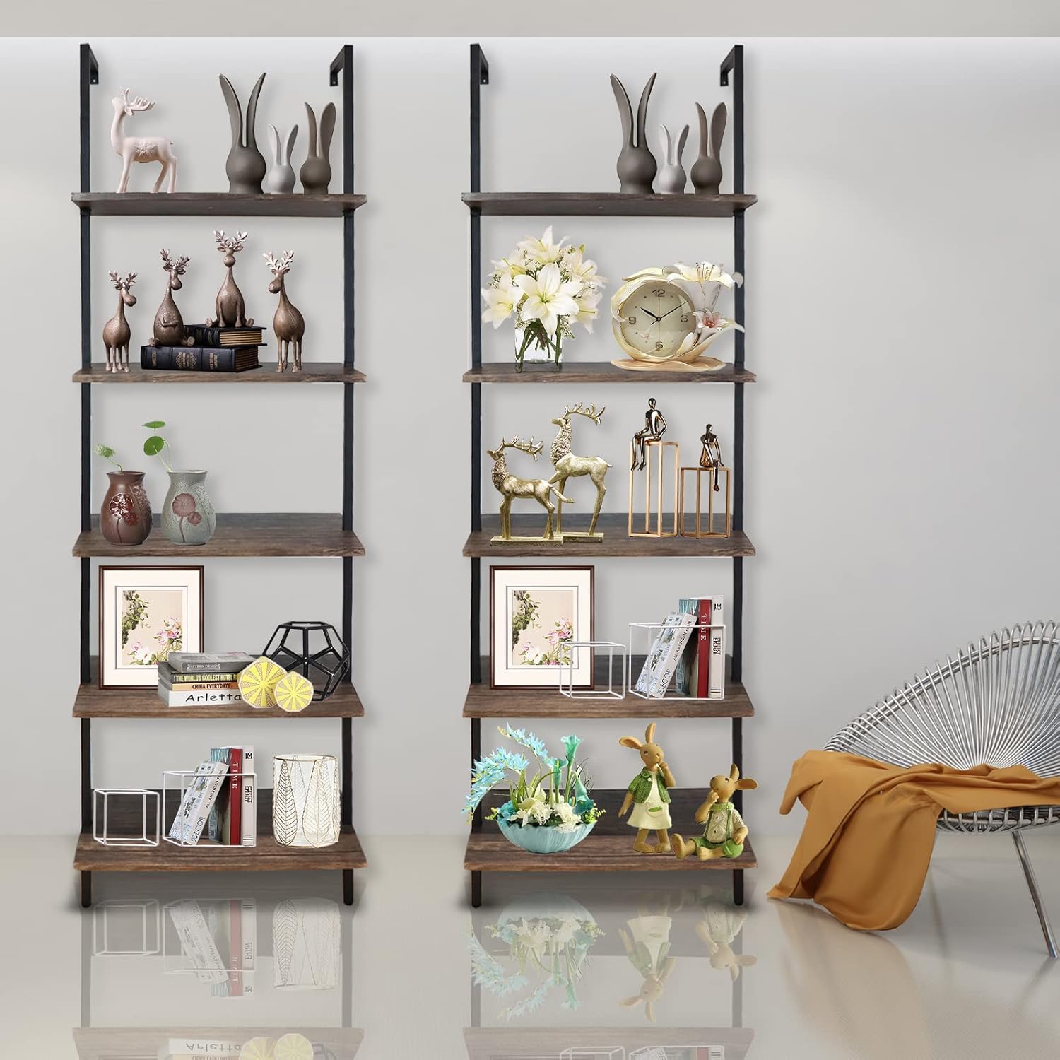 5-Tier Ladder Shelf Set of 2 - Modern Tall Bookshelf for Home & Office - Open Wall Mount Storage Bookcase - Industrial Style Standing Leaning Shelves - Perfect for Living Room, Bedroom & Office Organization (Brown)