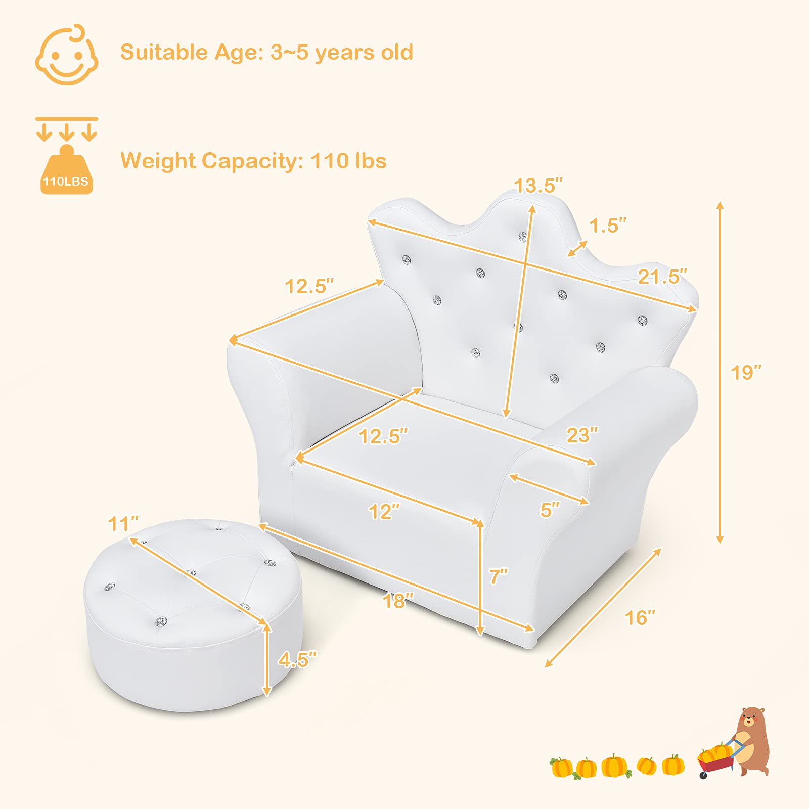 GLACER Kids Sofa with Ottoman - White PVC Leather Upholstered Crown-Back Armchair with Embedded Crystals, Princess Chair for Toddler Girls & Boys, Children's Furniture for Playroom, Bedroom & Nursery Decor