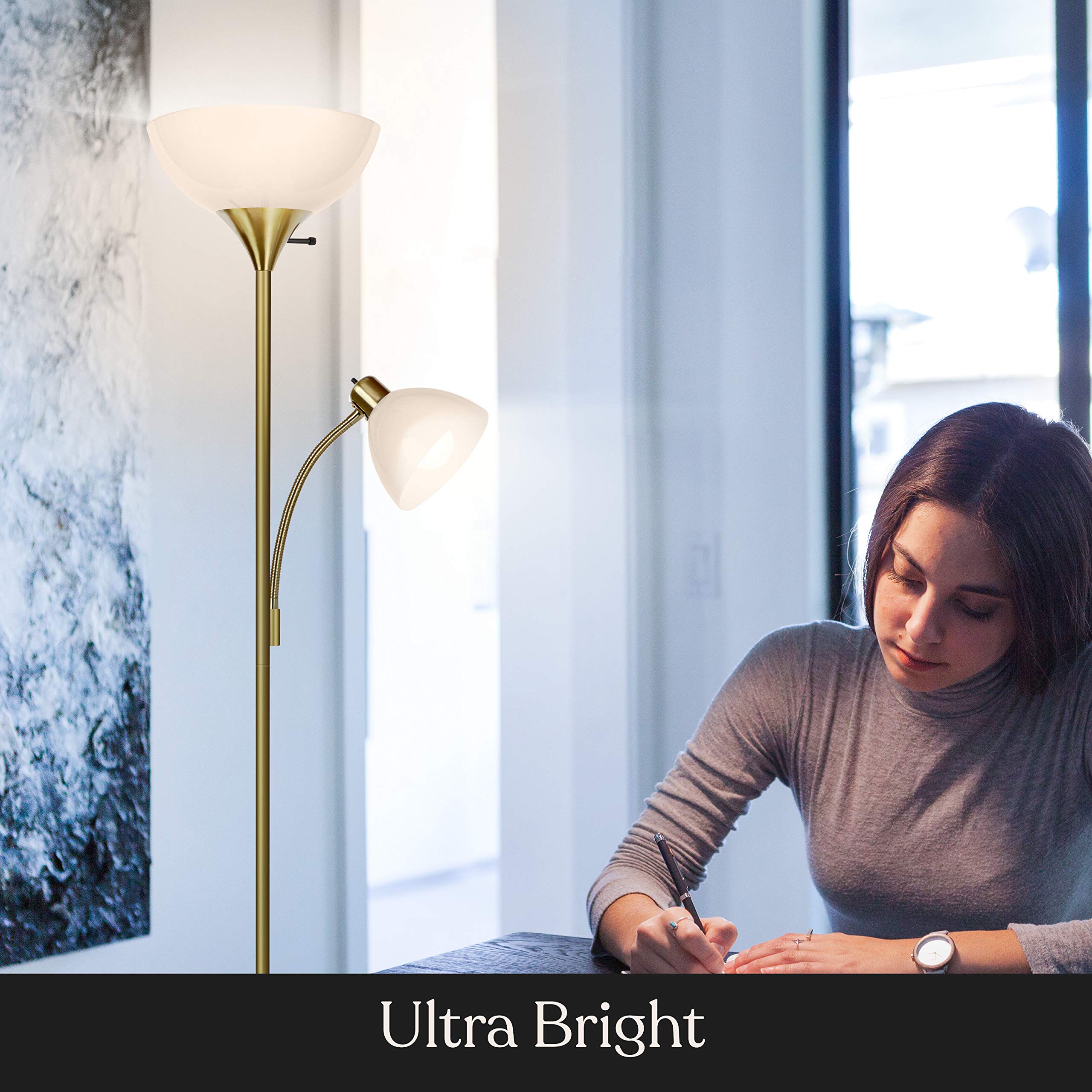 Brightech Sky Dome Plus LED Floor Lamp - Super Bright Dimmable Torchiere Standing Lamp for Living Room, Bedroom & Office - Adjustable Reading Light in Gold Brass Finish - Perfect for Cozy Nights & Workspaces