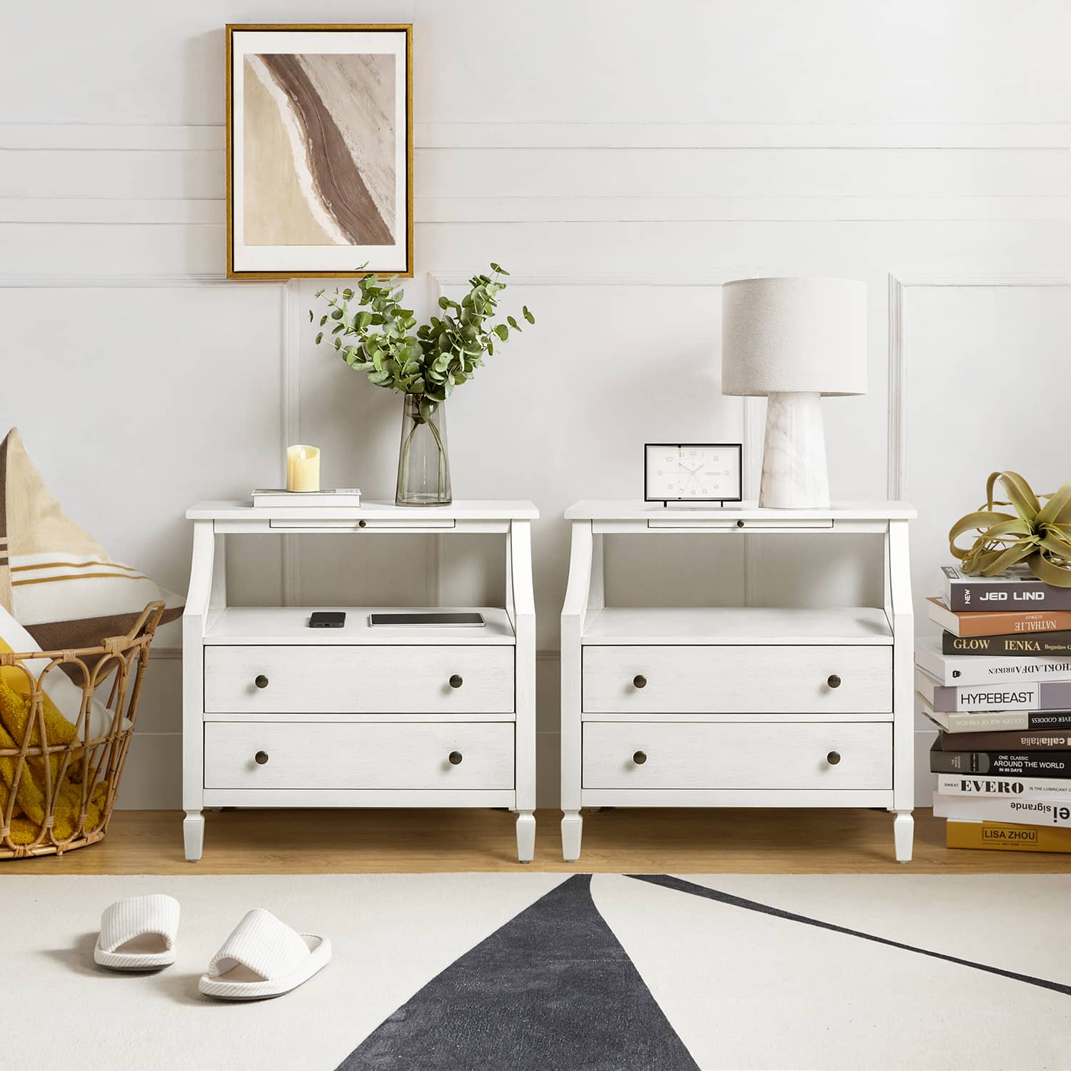 Grace 2-Drawer Nightstand with USB Charging Ports & Power Outlets - Modern Bedside Table for Bedroom, Living Room & Office Use