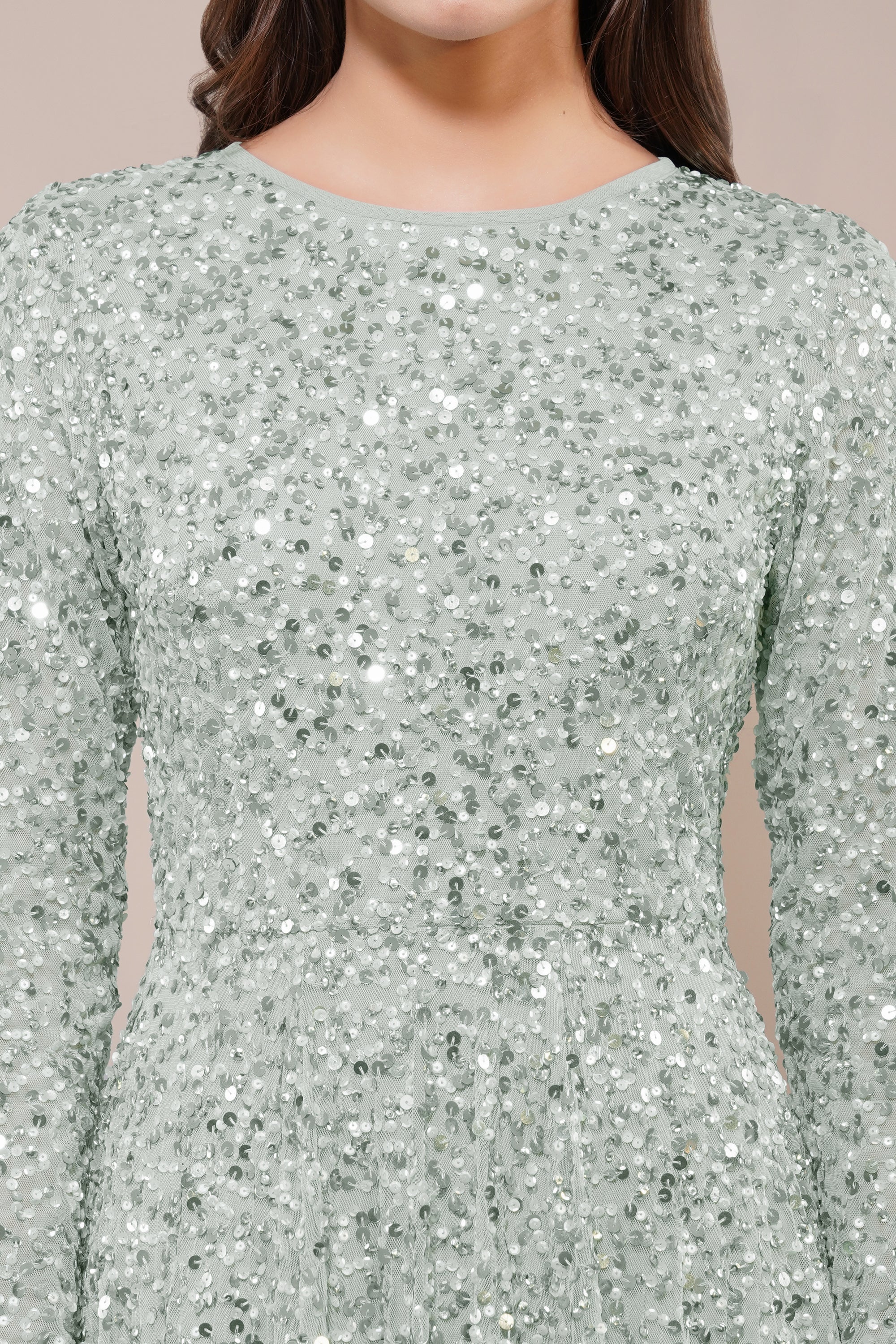 Elegant Sage Green Long Sleeve Embellished Maxi Dress for Women | Boho Chic Evening Gown with Floral Details | Perfect for Weddings, Parties & Special Occasions