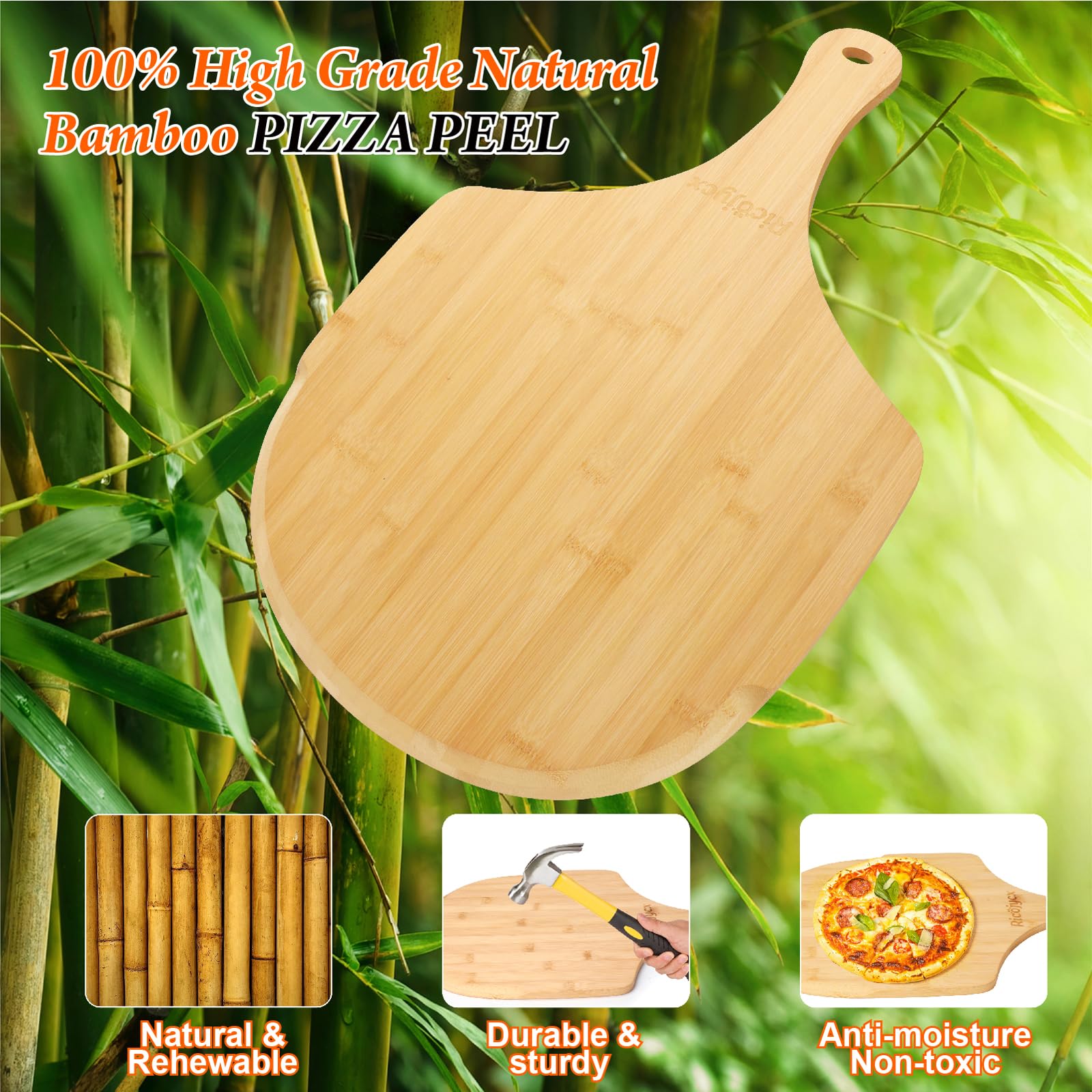 2 Pack 16 Inch Natural Bamboo Pizza Peel & Wooden Pizza Paddle - Multipurpose Cutting Board with Handle for Pizza, Bread, Cheese, Vegetables & Fruits - Perfect for Home Kitchen, Outdoor BBQ & Restaurant Use