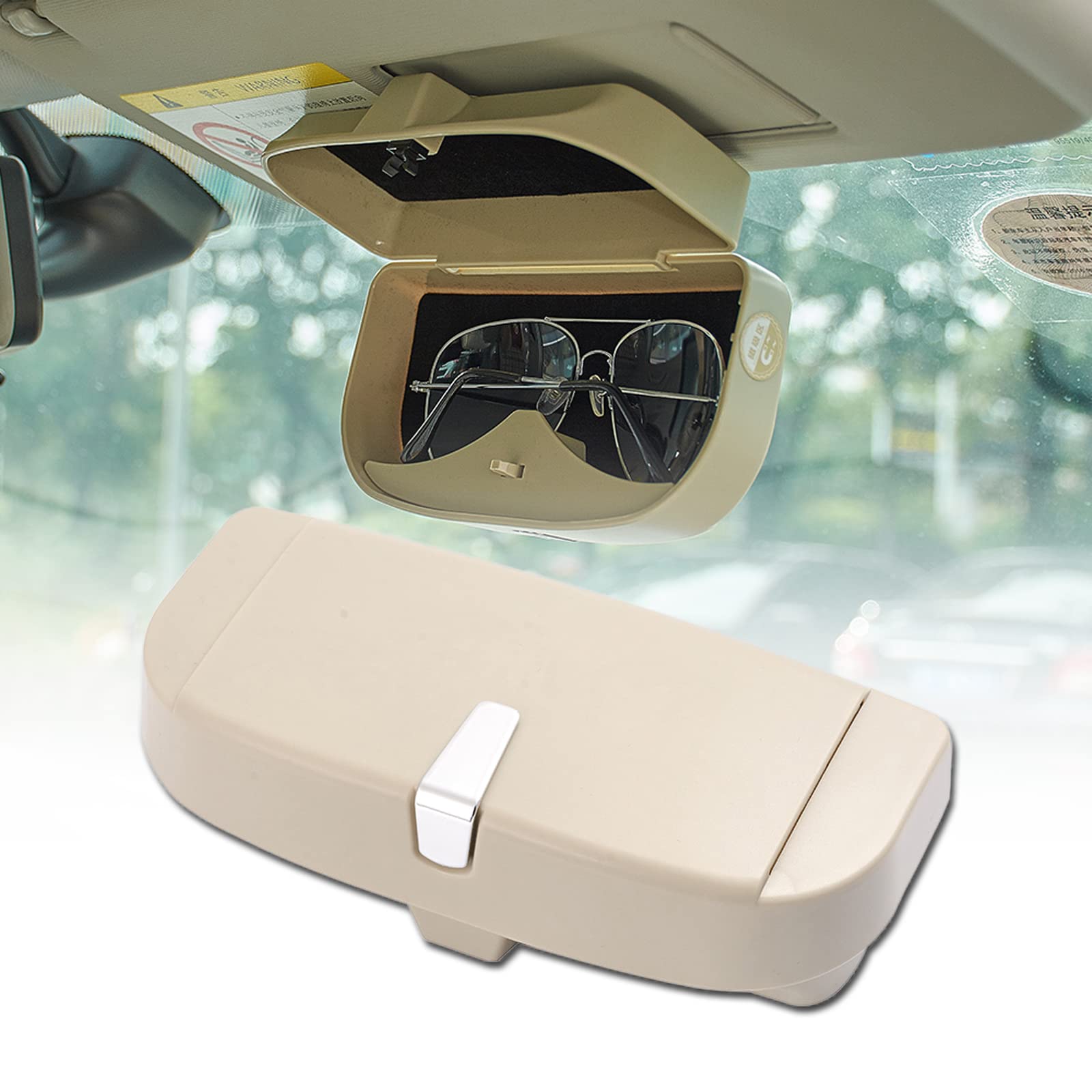 Beige Car Sun Visor Sunglasses Holder - Universal Clip-On Glasses Case & Organizer for Car Visor with Card Slot - Perfect for Driving, Road Trips & Daily Commute