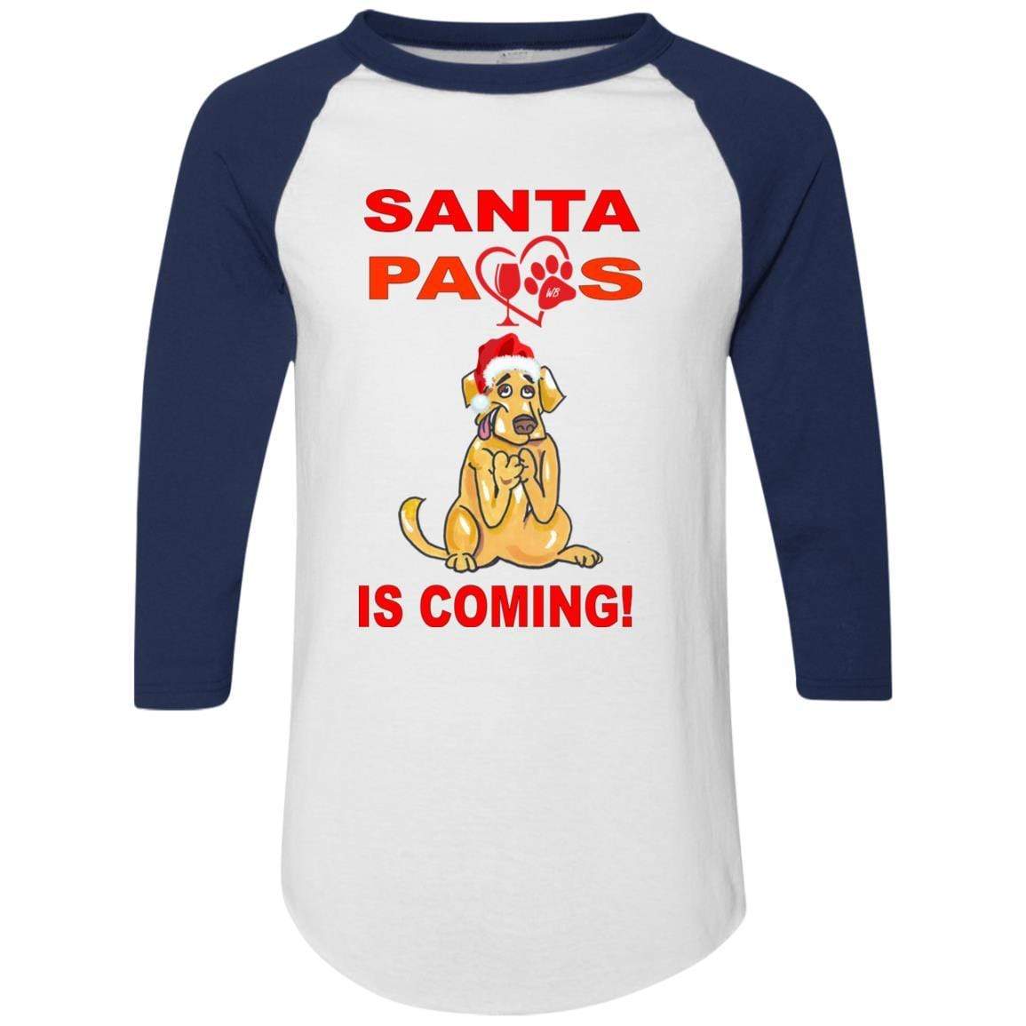 Santa Paws Is Coming Augusta Colorblock Raglan Jersey - Funny Christmas Dog Sweater for Small Medium Large Breeds - Perfect for Holiday Photos & Family Gatherings