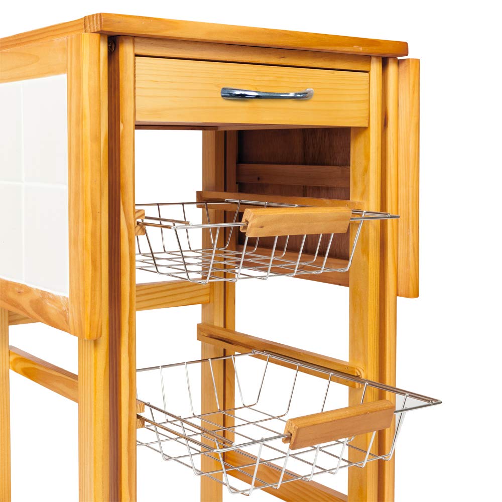 Portable Rolling Drop Leaf Kitchen Cart - Expandable Storage Trolley with Wheels, Sapele Wood Finish - Perfect for Small Kitchens, Dining Rooms & Mobile Serving Stations
