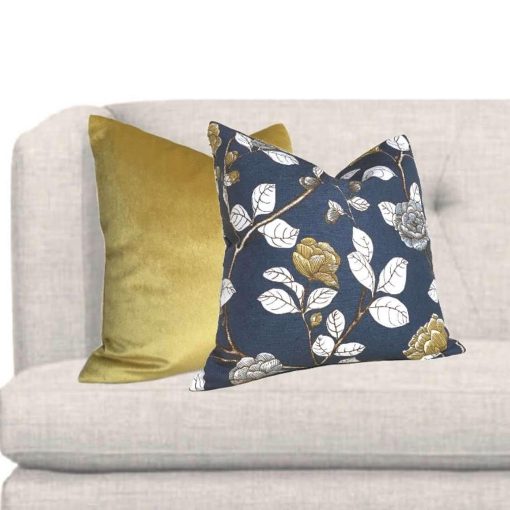Dwell Studio Robert Allen Leda Peony Navy Blue White Yellow Pillow Cover - Decorative Throw Pillow Case for Sofa, Bed, Couch & Home Decor