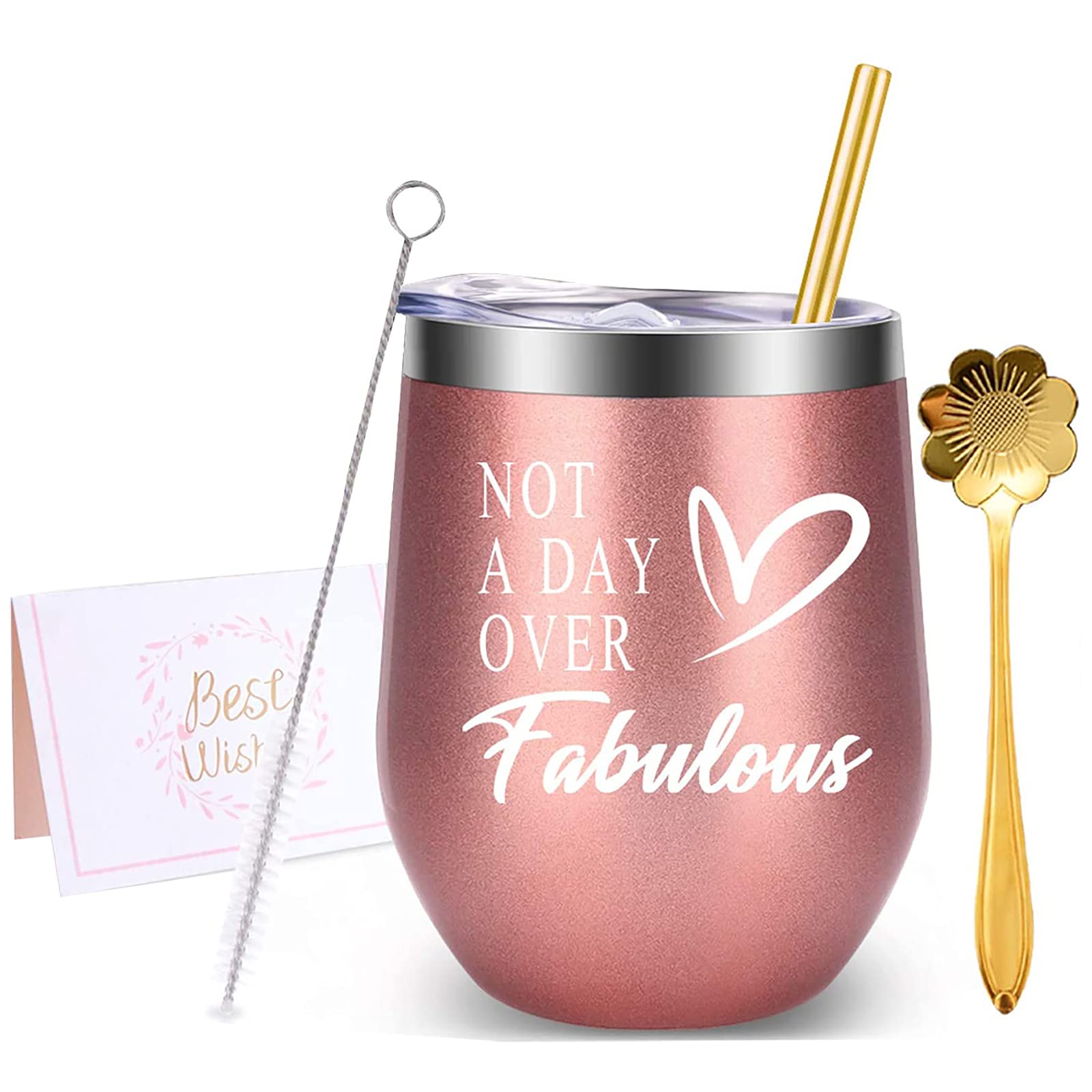 Pink 12oz Stainless Steel Wine Tumbler with Lid & Coffee Spoon - Elegant Gift for Women, Birthday Present for Mom, Wife, Daughter, Sister & BFF - Perfect for Wine Tasting, Coffee Breaks & Outdoor Parties