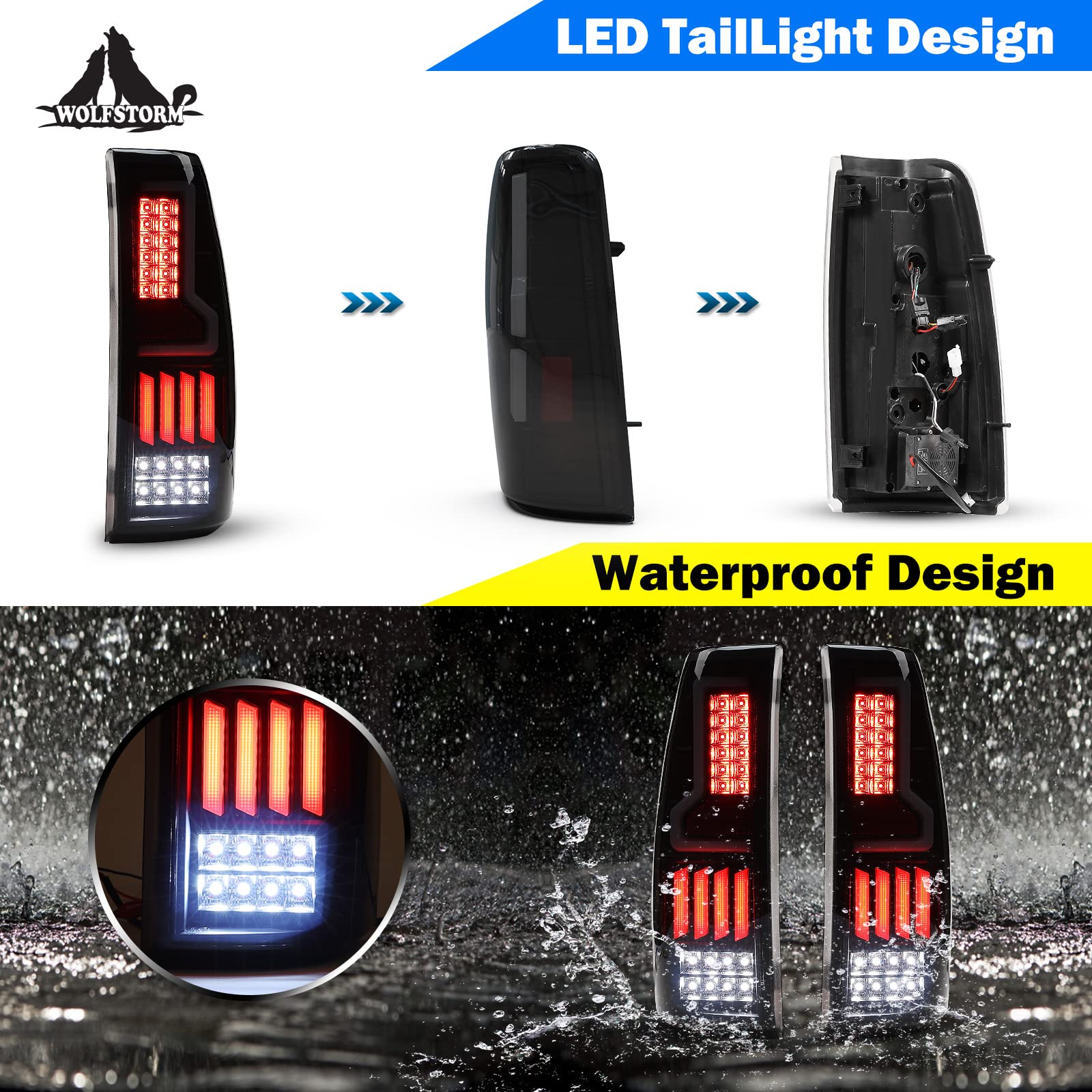 WOLFSTORM LED Tail Lights for 1999-2006 Chevy Silverado 1500 & 1999-2002 GMC Sierra - Smoke Lens Replacement Assembly (1 Pair) - Not Compatible with Barn Door/Stepside Models - Upgrade Your Truck's Style & Night Visibility for Safer Driving
