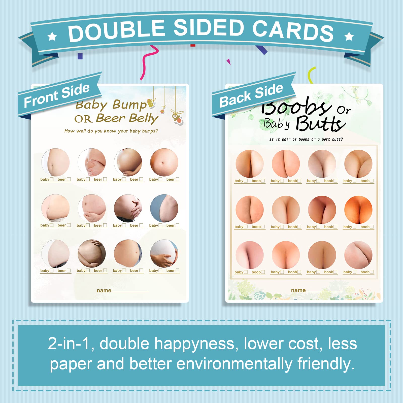 50 Double-Sided Baby Shower Games (2 Fun & Hilarious Gender Neutral Games with Answer Keys) - Perfect for Coed Showers, Virtual Parties & Nursery Celebrations