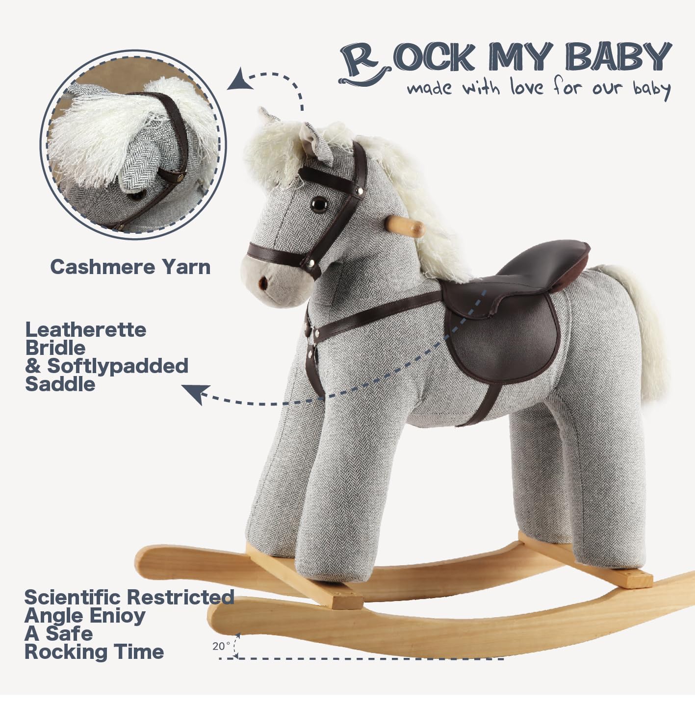 Gray Wooden Rocking Horse Toy with Realistic Sound - Safe & Fun Ride-On Pony for Kids | CPC Certified | Perfect for Nursery Decor & Toddler Playtime