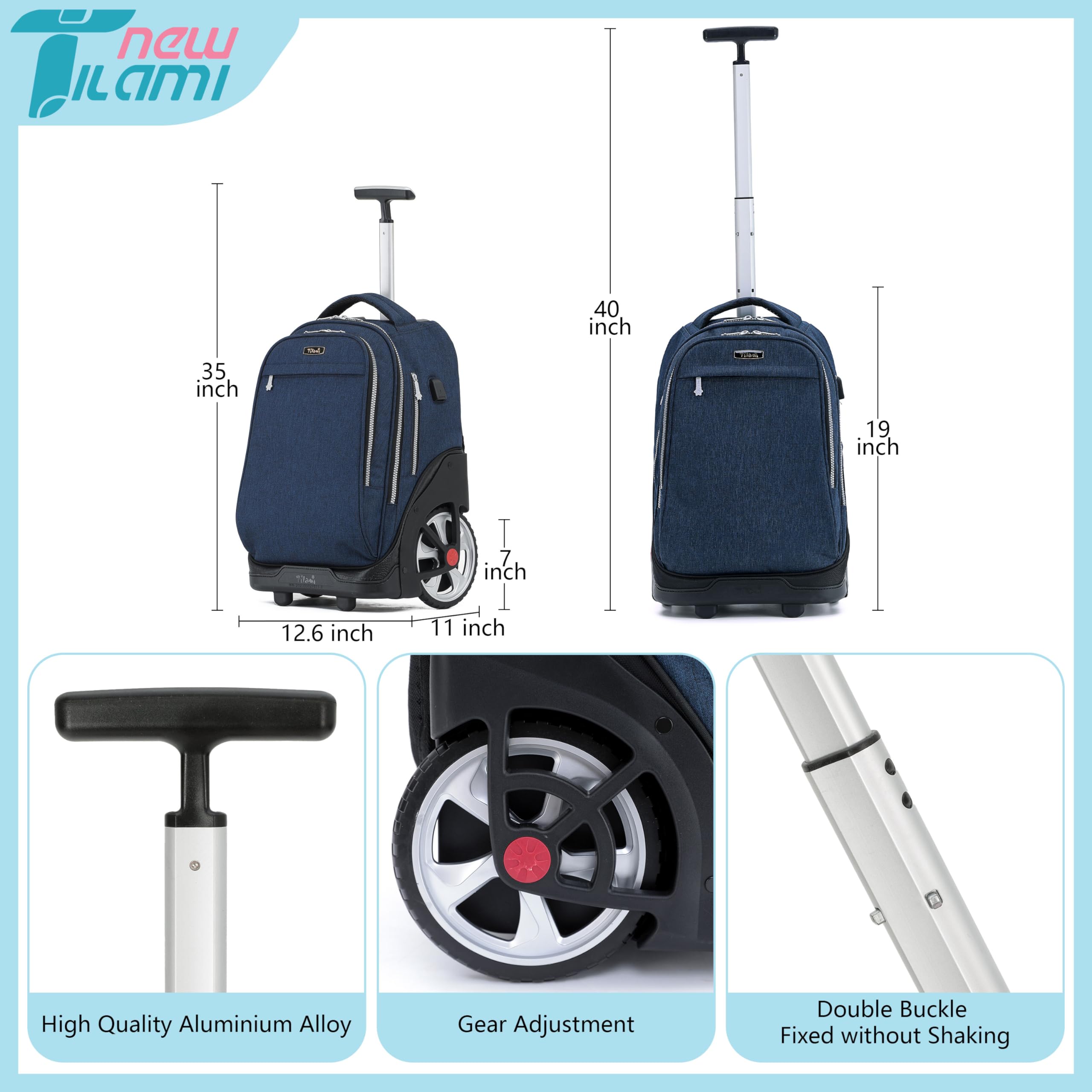 TILAMI 19 Inch Rolling Backpack for Teens - Cute Wheeled Laptop Backpack, School Bookbag & Travel Carry On Bag with Wheels (Navy Blue) | Perfect for College Students, Business Trips & Airplane Travel