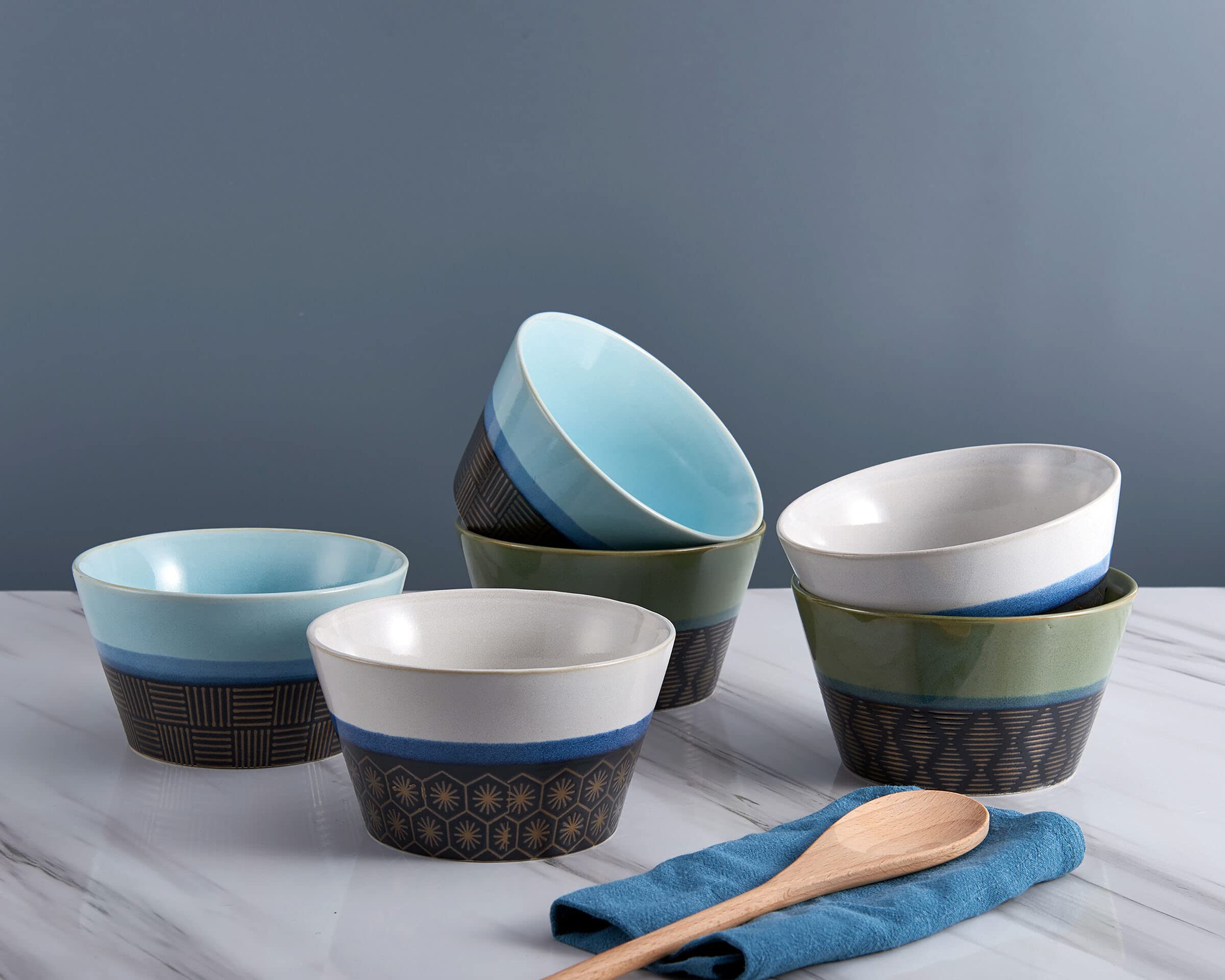 Pfaltzgraff Marcus 24-Oz Cone Shaped Soup & Cereal Bowls Set of 6 - Colorful Stoneware Dishes for Soup, Salad, Pasta & Dessert - Perfect for Dining, Entertaining & Everyday Use