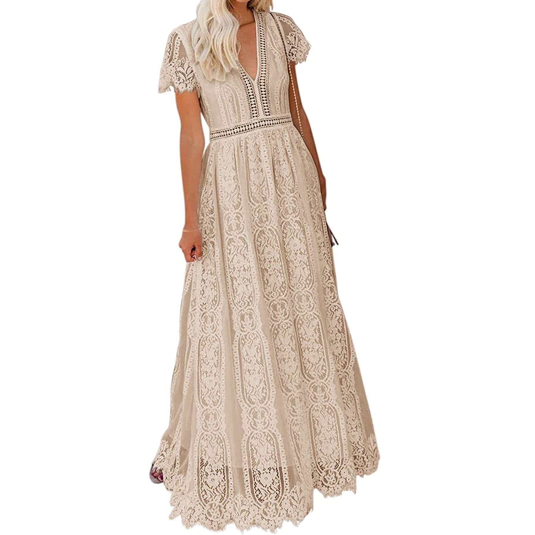 BIGSPCE Women's Sexy Floral Lace Long Dress - V-Neck Short Sleeve Bridesmaid Gown for Wedding, Cocktail Party & Formal Dinner | Elegant Evening Wear & Special Occasion Dress