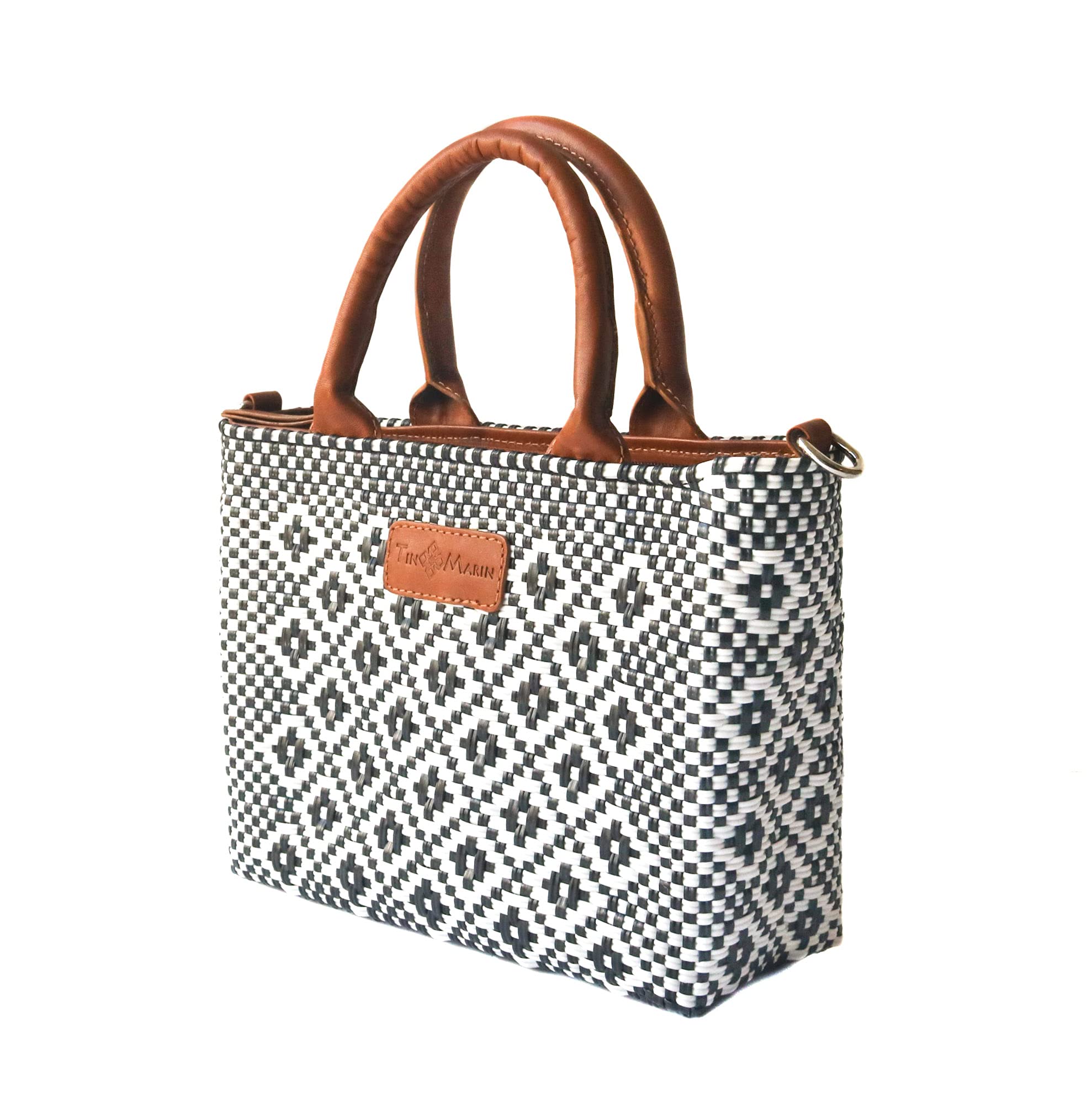 Eco-Friendly Small Woven Crossbody Bag with Tan Leather Handles - Mexican Recycled Plastic Handwoven Purse with Adjustable Strap & Zipper Closure | Perfect for Summer Travel, Beach Outings & Everyday Use