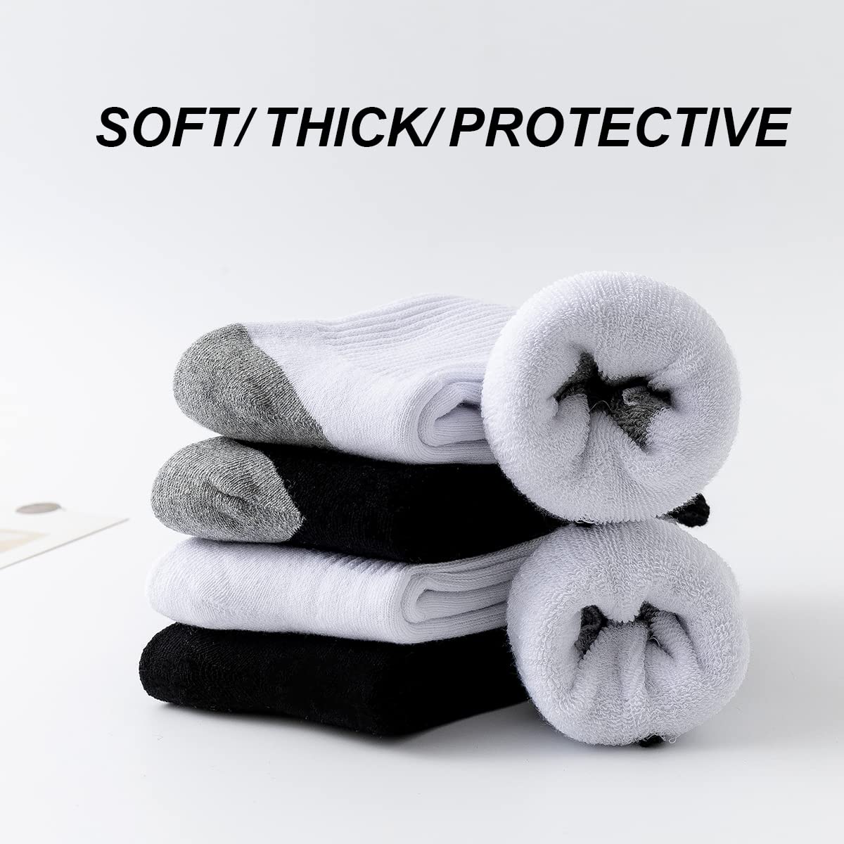 Marchare Boys & Girls Cushioned Crew Socks - 6 Pack Thick Cotton Athletic Running Socks for Kids (Black/White) - Perfect for School, Sports & Daily Activities