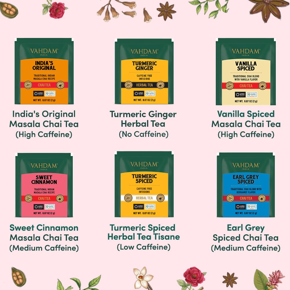 VAHDAM Assorted Chai Tea Variety Pack - 6 Flavors, 36 Pyramid Tea Bags | Indian Masala Chai, Caffeinated, Gluten Free & Non-GMO | Perfect for Gifts, Office, or Relaxing at Home