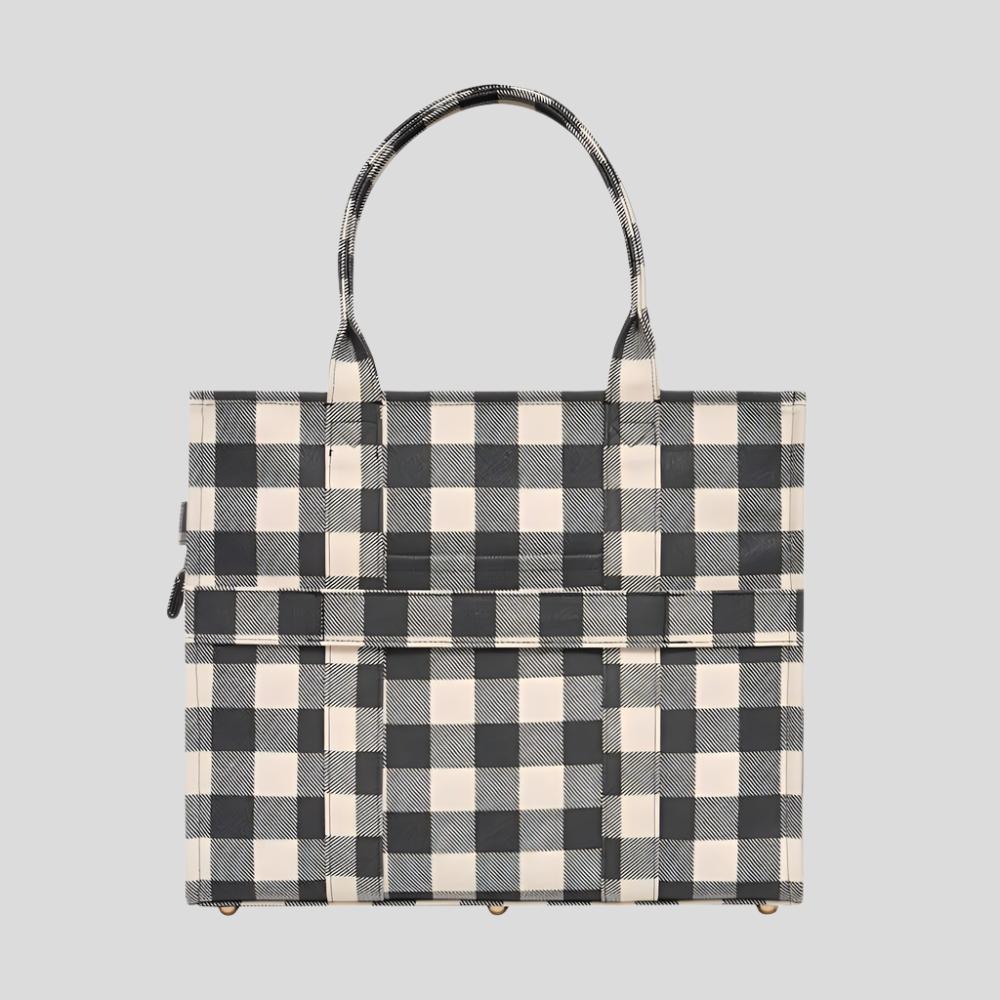 Large Bon Vivant Structured Tote Bag - Black Gingham Checkered Pattern - Perfect for Work, Travel & Everyday Use