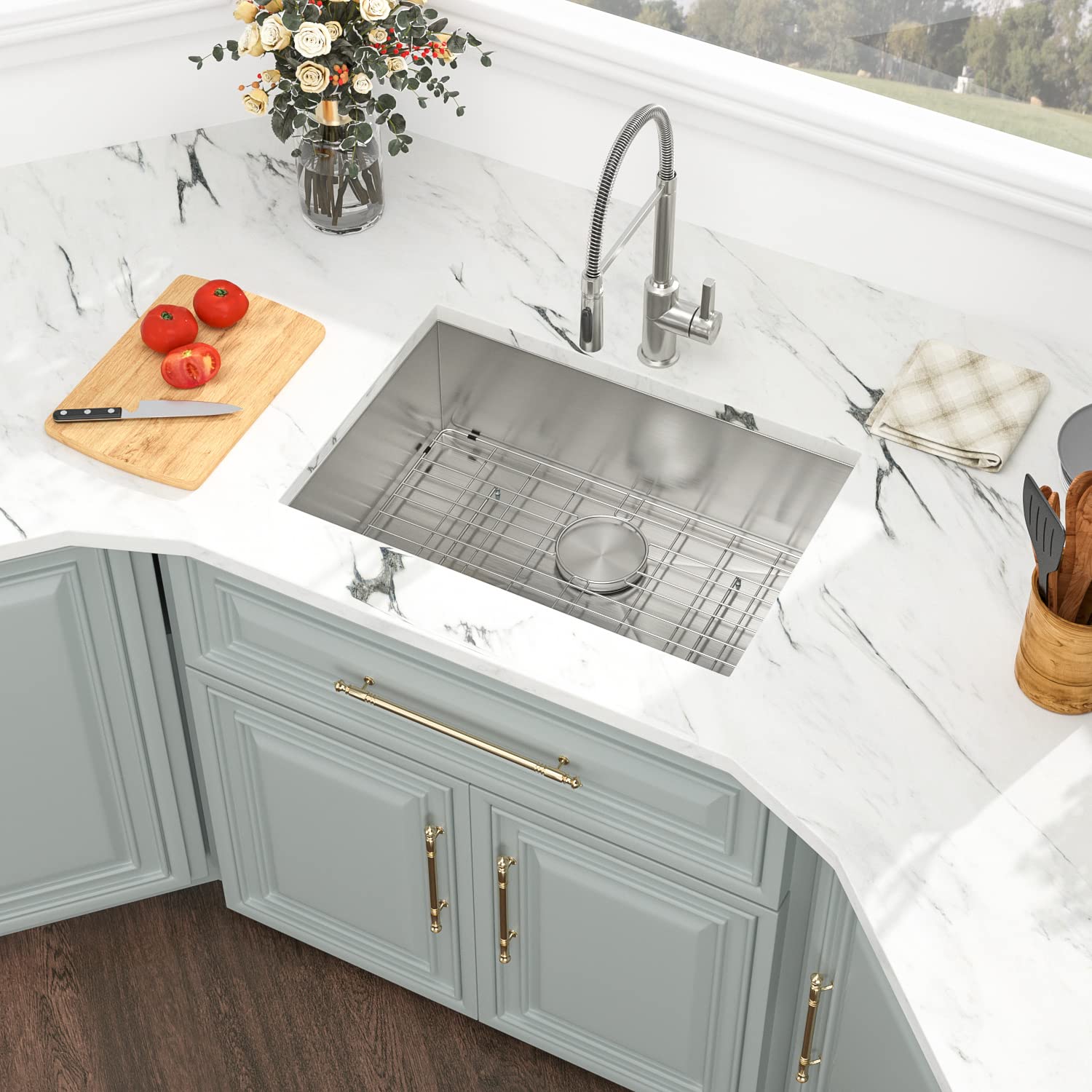 Kichae 28 Inch Undermount Kitchen Sink - 16 Gauge Stainless Steel Single Bowl with Round Corners, Perfect for Modern and Compact Kitchen Designs