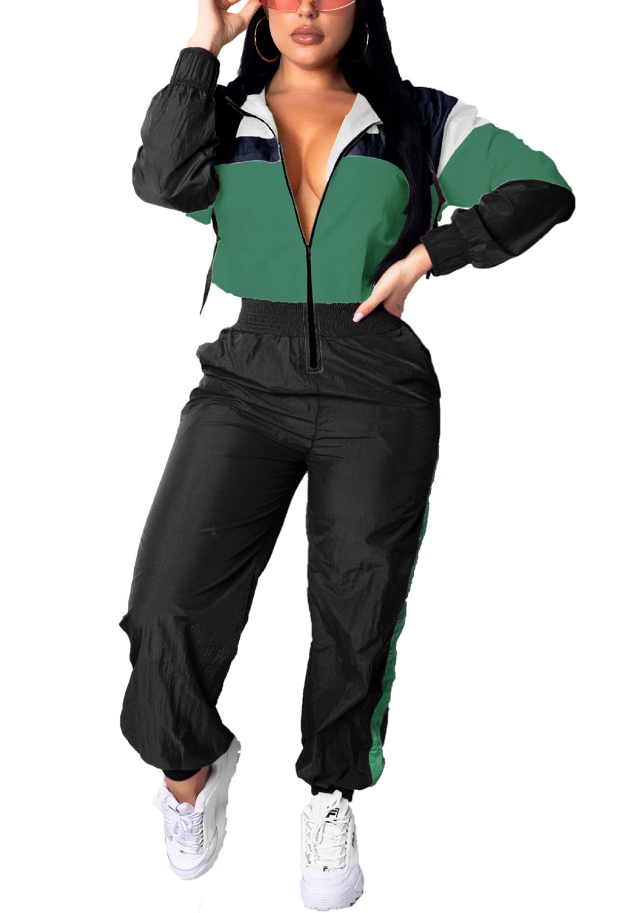 LAJIOJIO Women's Colorblock Windbreaker Jumpsuit - Stylish One Piece Zipper Jacket for Fall & Winter | Perfect for Outdoor Activities, Travel & Casual Wear
