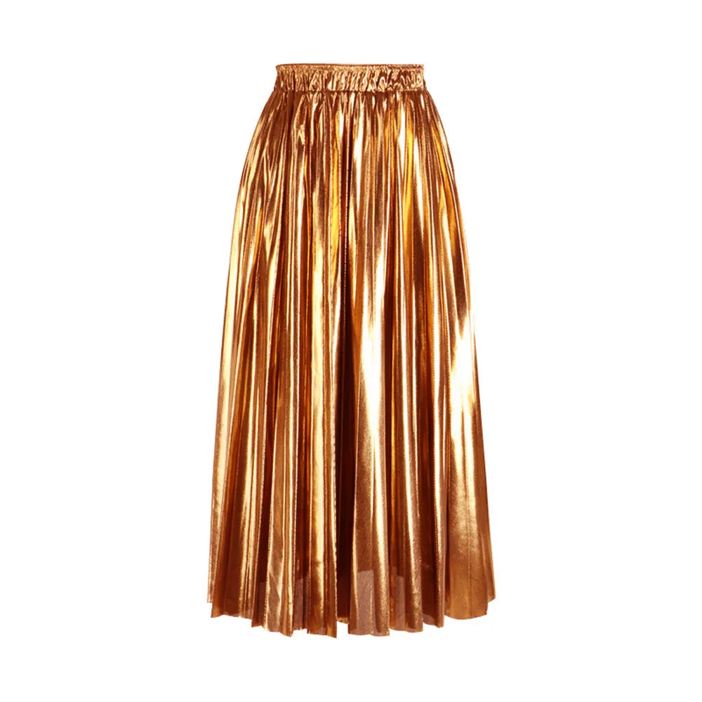 Elegant High Waist Pleated Midi Skirt for Women - Black, Silver & Gold Solid Colors | Perfect for Office, Party & Casual Wear