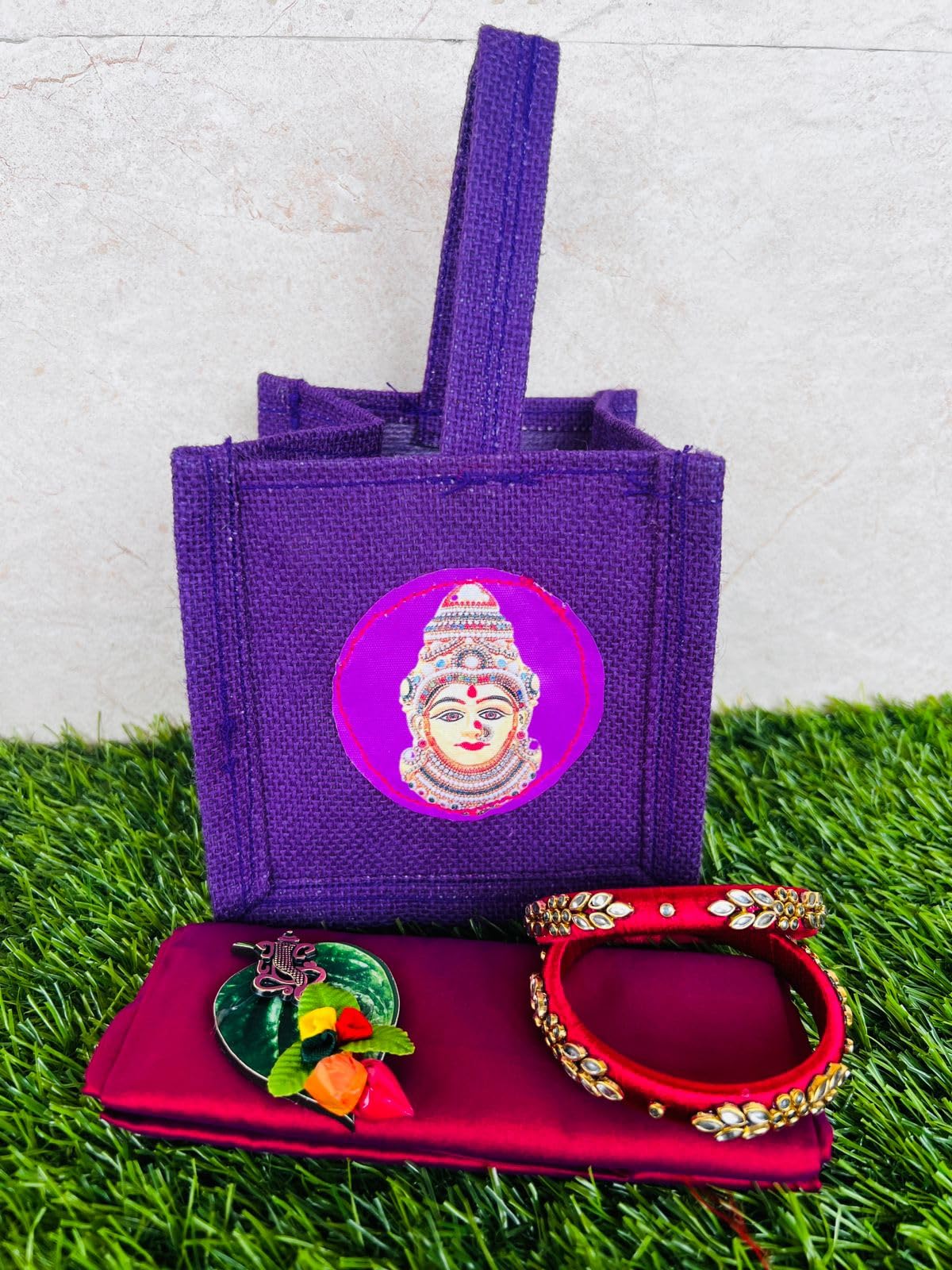 Eco-Friendly ARC Jute Bags with Varalakshmi Print - 5-Piece Set Includes Thread Bangles, Blouse Fabric & Betel Leaf Haldi Kumkum - Perfect for Hindu Pooja Return Gifts, Wedding Favors & Festival Giveaways | Sustainable Jute Thamboolam Bags for Religious Ceremonies & Cultural Events