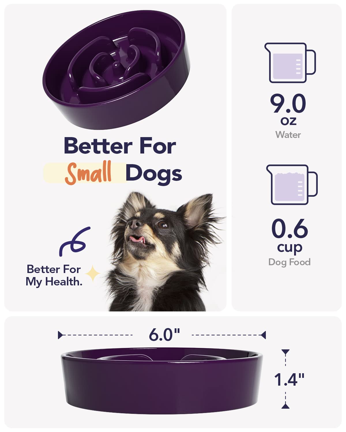LE TAUCI Ceramic Slow Feeder Dog Bowl for Small Breeds - 0.6 Cup Puzzle Food Dish for Fast Eating Dogs & Cats - Purple - Perfect for Mealtime Portion Control and Digestion Aid