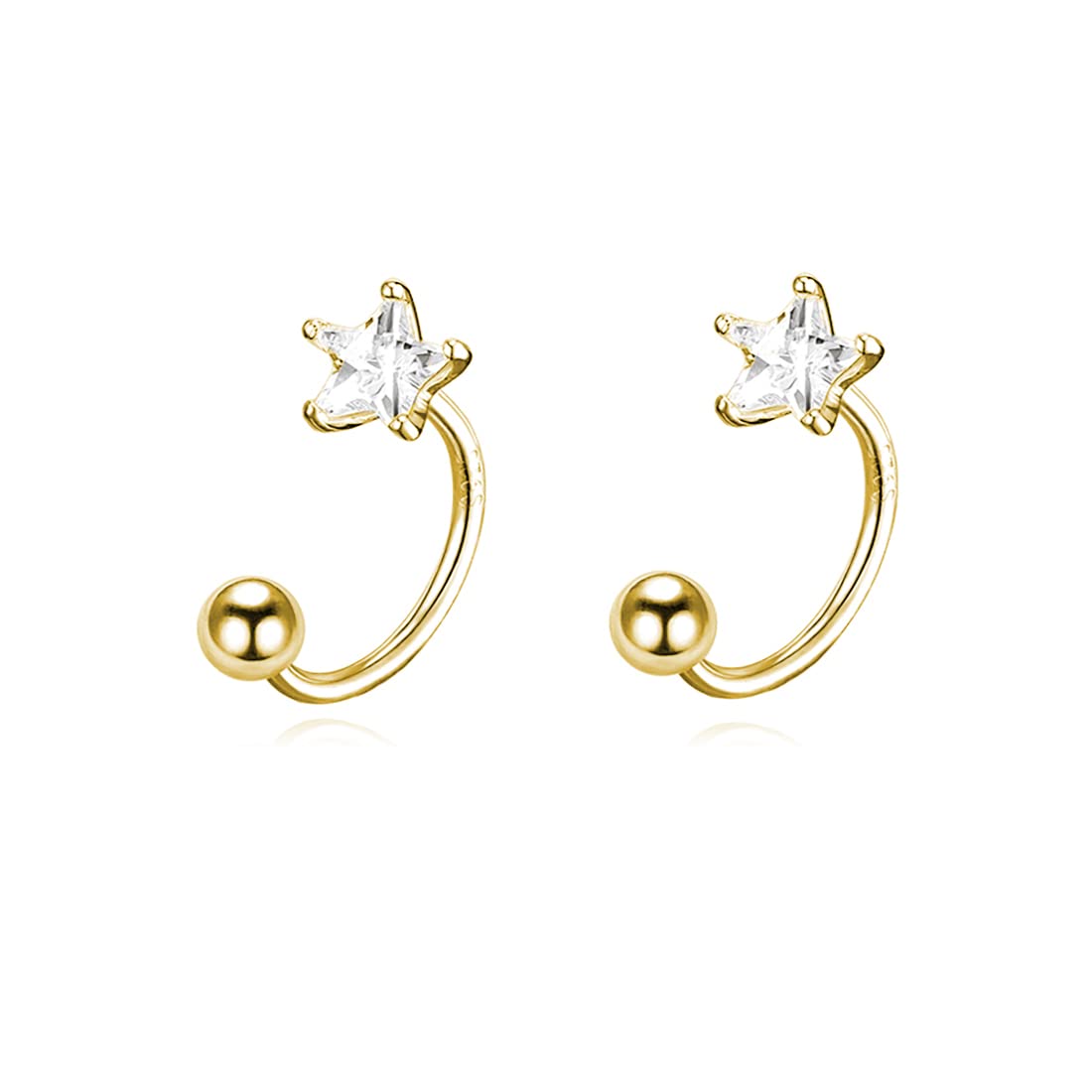 Reffeer Solid 925 Sterling Silver Star Half Hoop Earrings for Women & Teens – Open Huggie Hoops with CZ Stones & Ball Cuffs – Perfect for Everyday Wear, Parties & Gifts