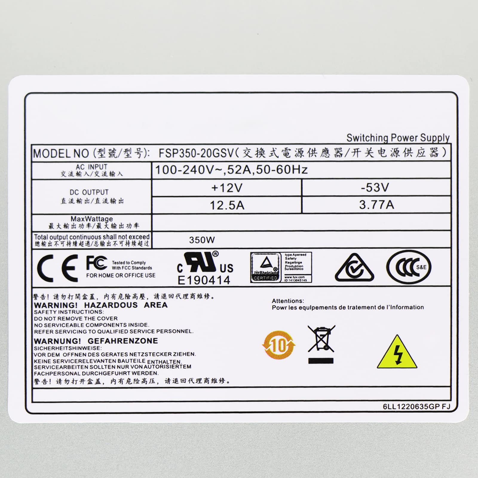 350W POE VCR Power Supply Replacement for FSP FSP350-20GSV DPS-300AB-81B - Compatible with DS-7916N-E4, DS-7932N-E4, DS-7916N-16P - Ideal for Security Camera Systems & Surveillance DVRs