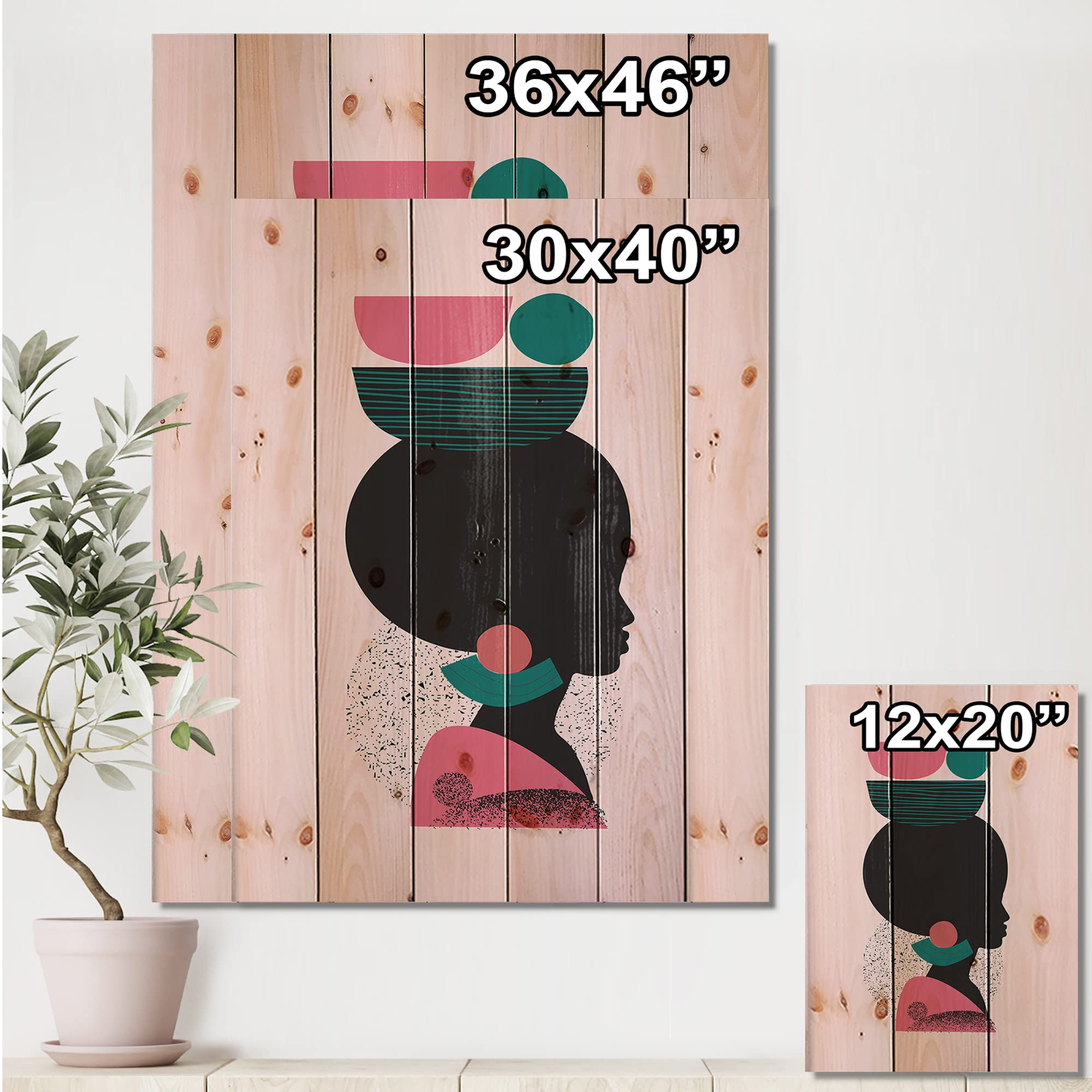 Modern Geometric Afro American Silhouette Wood Wall Art - Large Abstract Pine Wood Panel Decor for Living Room, Bedroom & Office - Pink Contemporary Ethnic Design