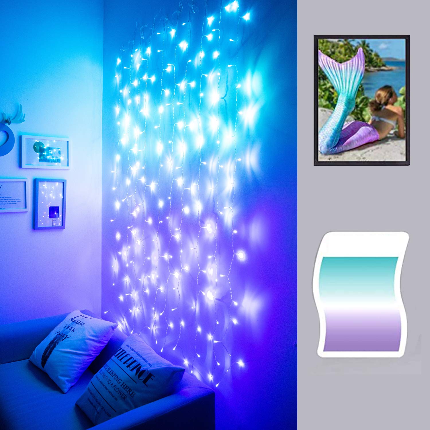 LED Fairy String Lights - Turquoise, Teal, Blue, Lavender, Purple Twinkle Curtain Lights for Bedroom Wall | Kawaii Unicorn Mermaid Teen Room Decor | Perfect for Girls' Bedrooms, Dorm Rooms & Party Decorations