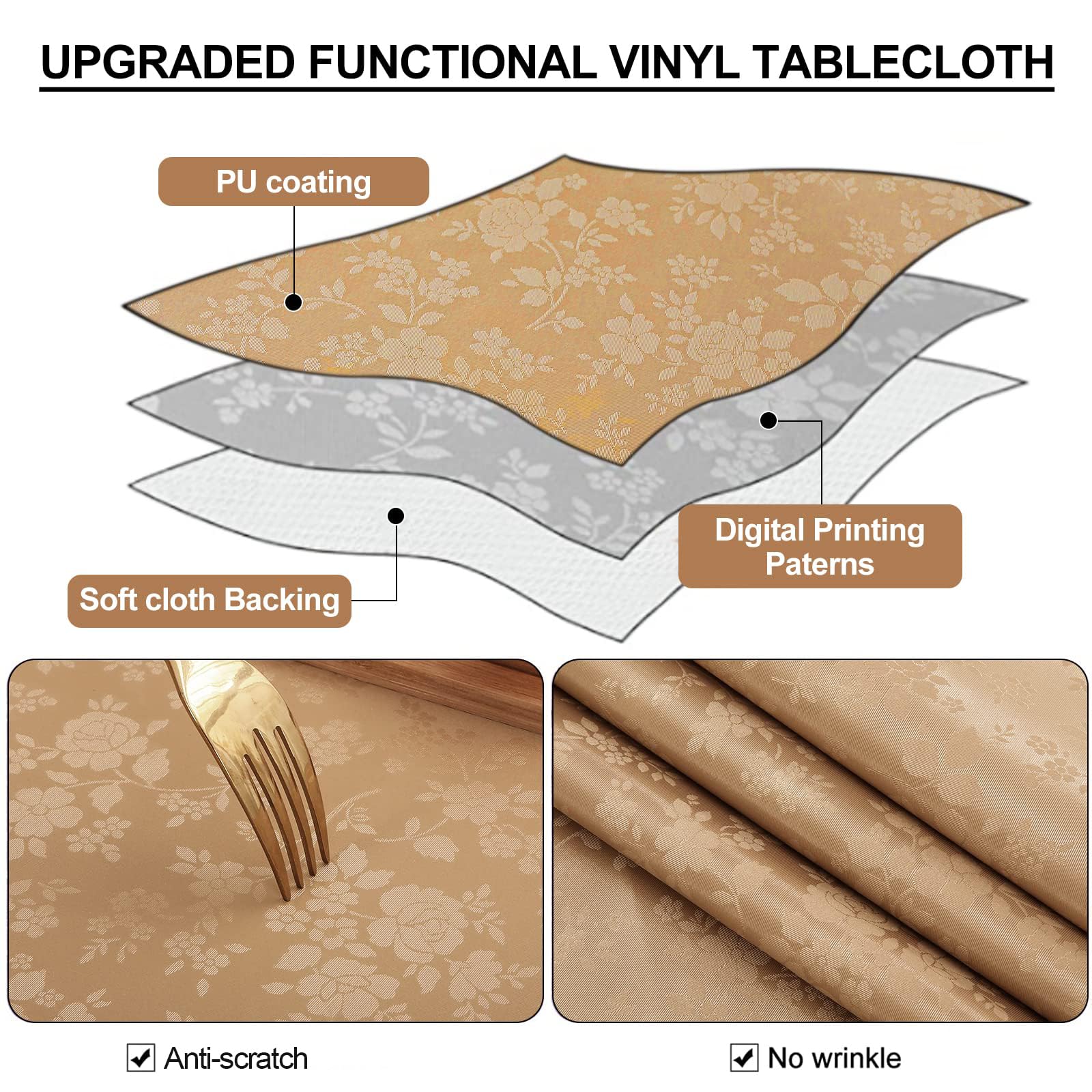 Smiry Heavy Duty Vinyl Tablecloth - Waterproof, Wipeable, Washable Rectangle Table Cover for Kitchen & Dining Room (Brown, 60