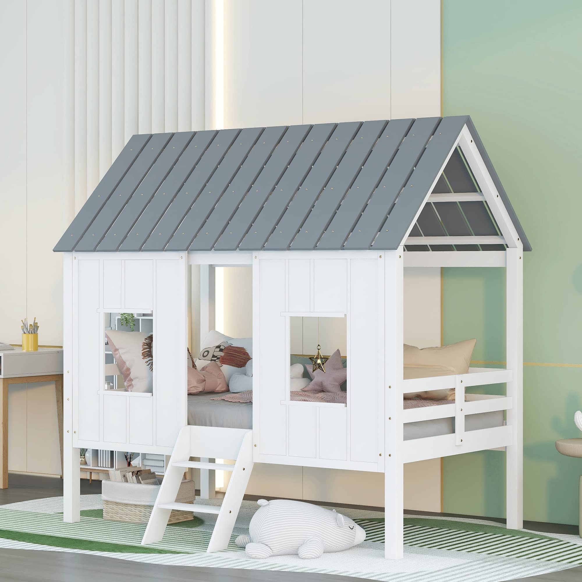 **Low Loft Wood Twin Size House Bed Frame with Two Side Windows & Roof - Kids Bedroom Furniture (White & Gray) - Perfect for Playrooms, Bedrooms & Montessori Spaces**